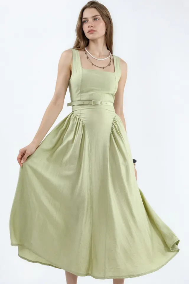 BUSEM Square Collar Belted Midi Dress