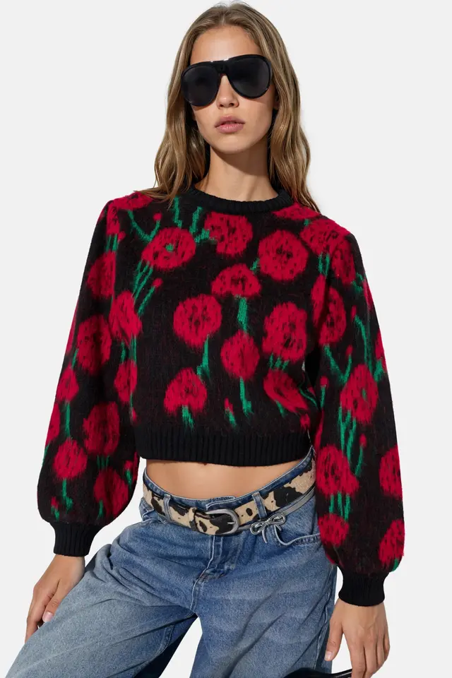 Floral Crew Neck Knit Sweater