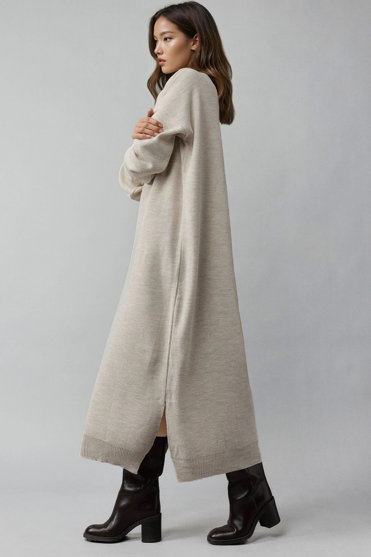 MY FASHION Textured Ribbed Long Knit Dress with Slit Detail 4