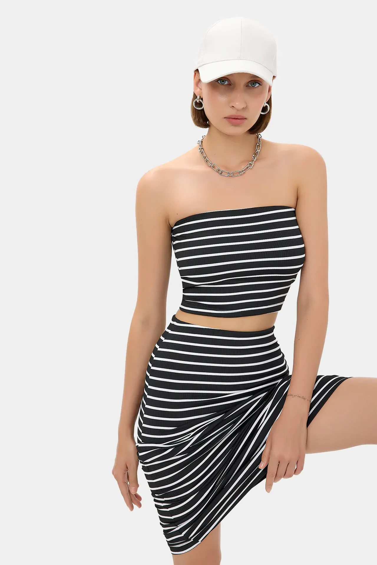 2 Pieces: Striped Strapless Crop top & Striped Mid Rise Midi Skirt