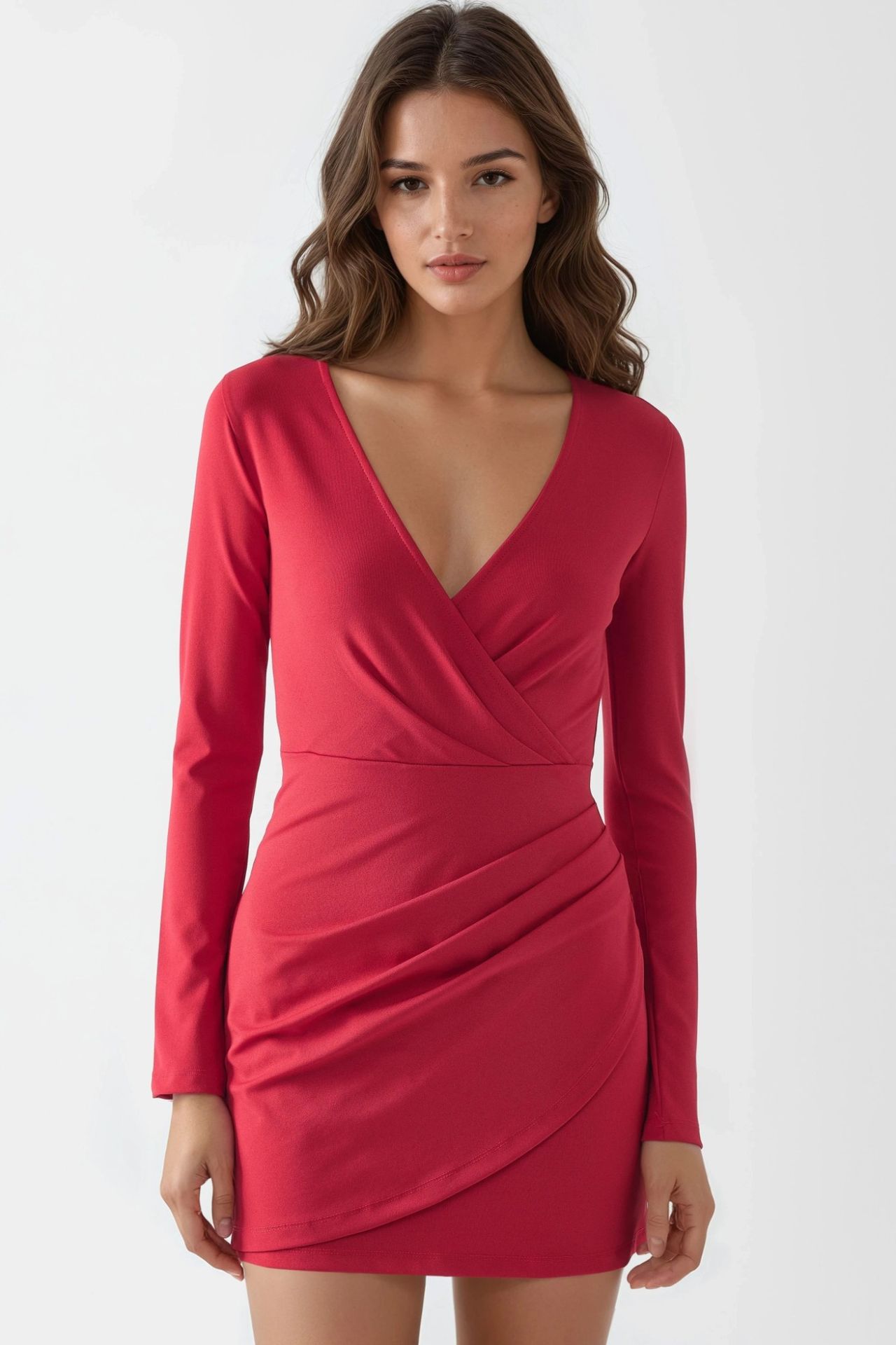 V-Neck Wrap-Style Long Sleeve Draped Mini Dress 7