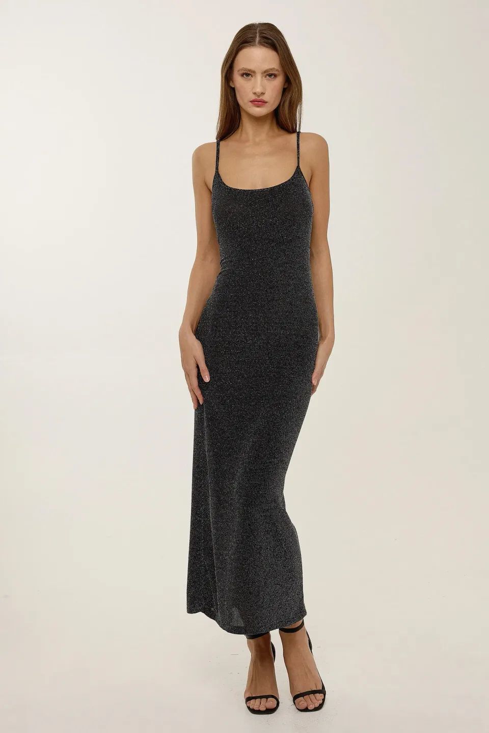 Silvery Midi Dress with Thin Straps