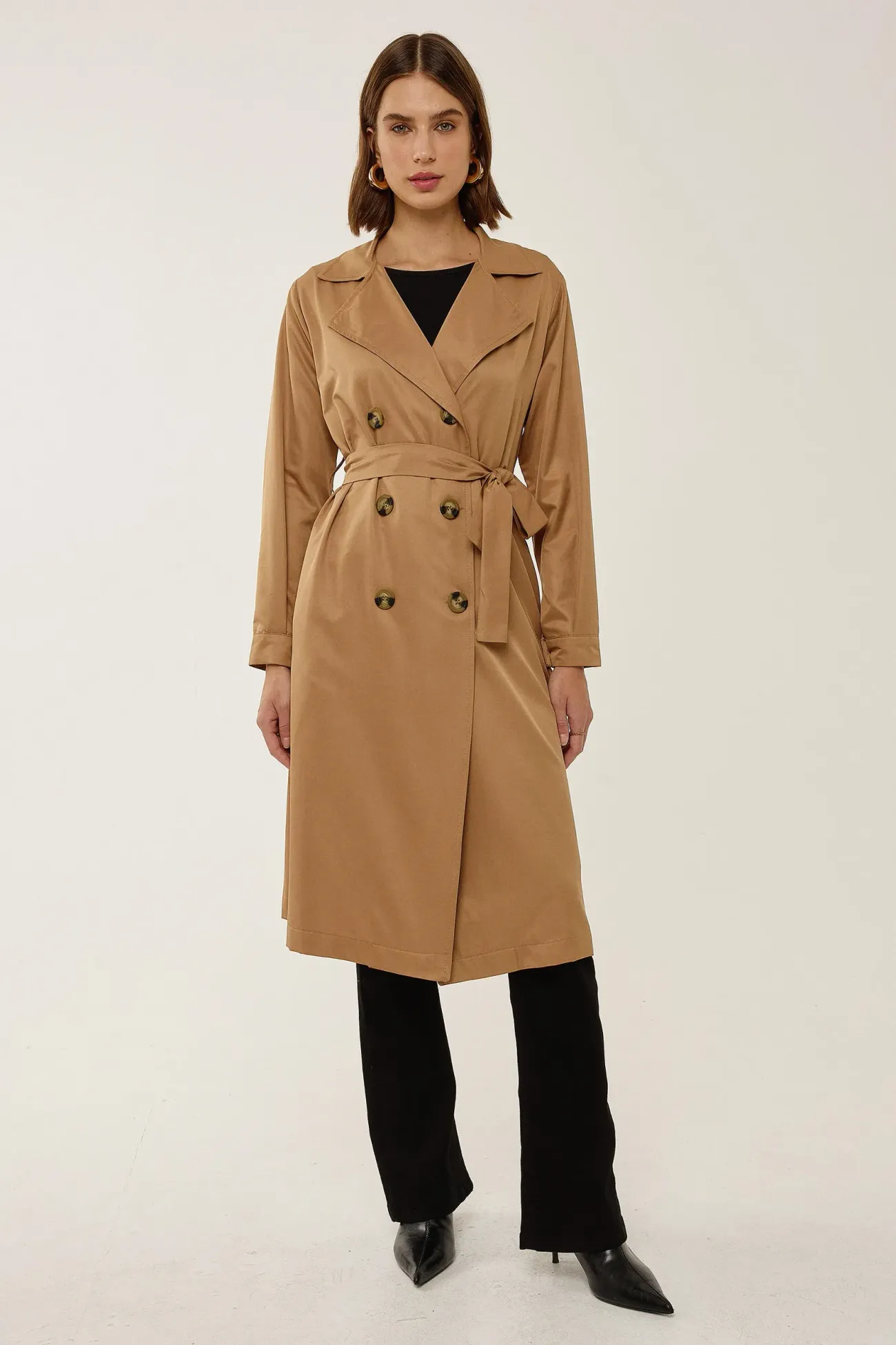Double-Breasted Belted Long Trench Coat 4