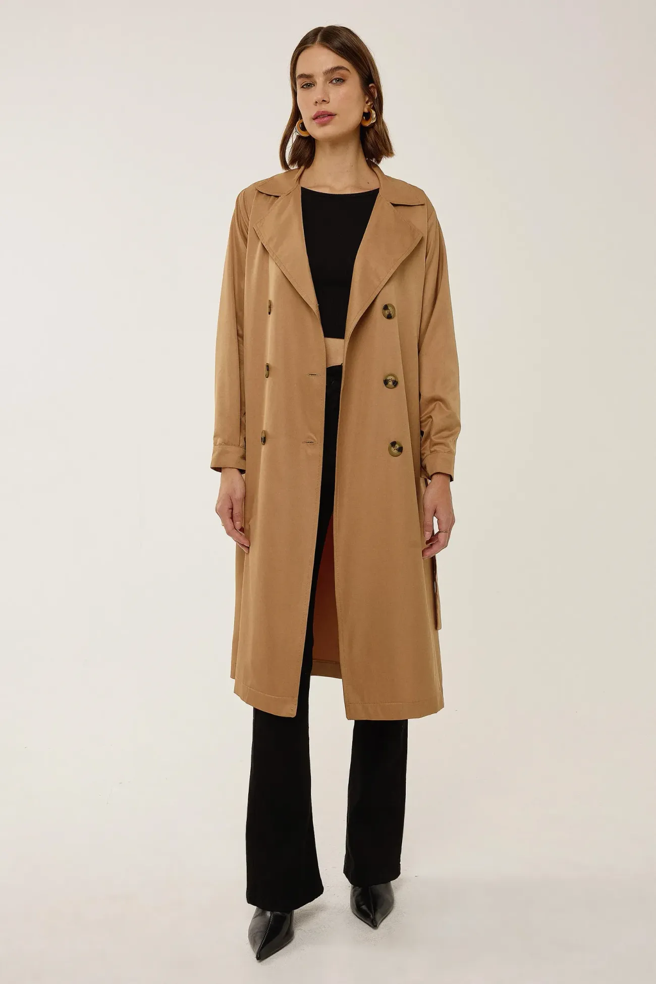 Double-Breasted Belted Long Trench Coat 3