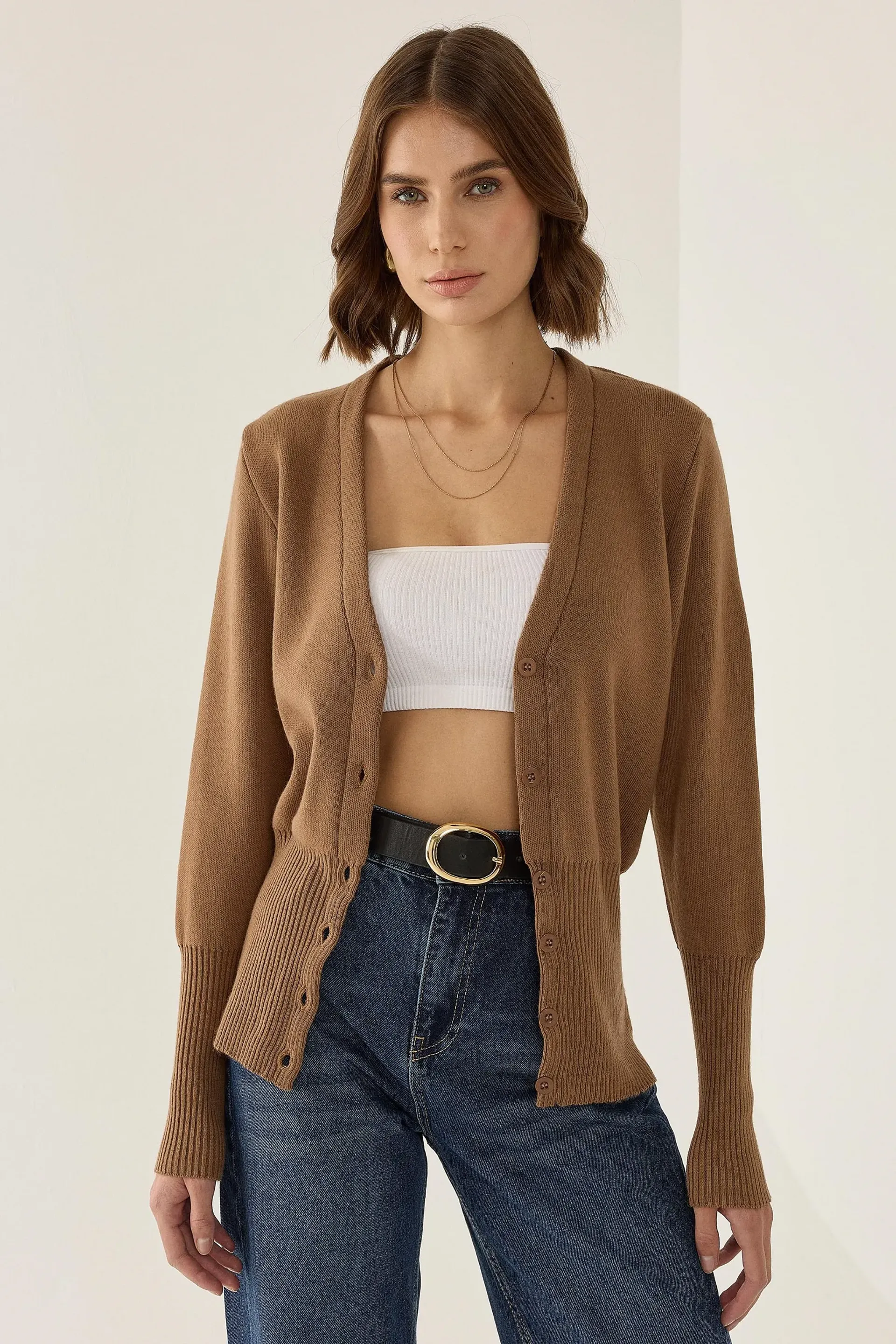 Brown Semi Fit V-neck Knitted Cardigan Women