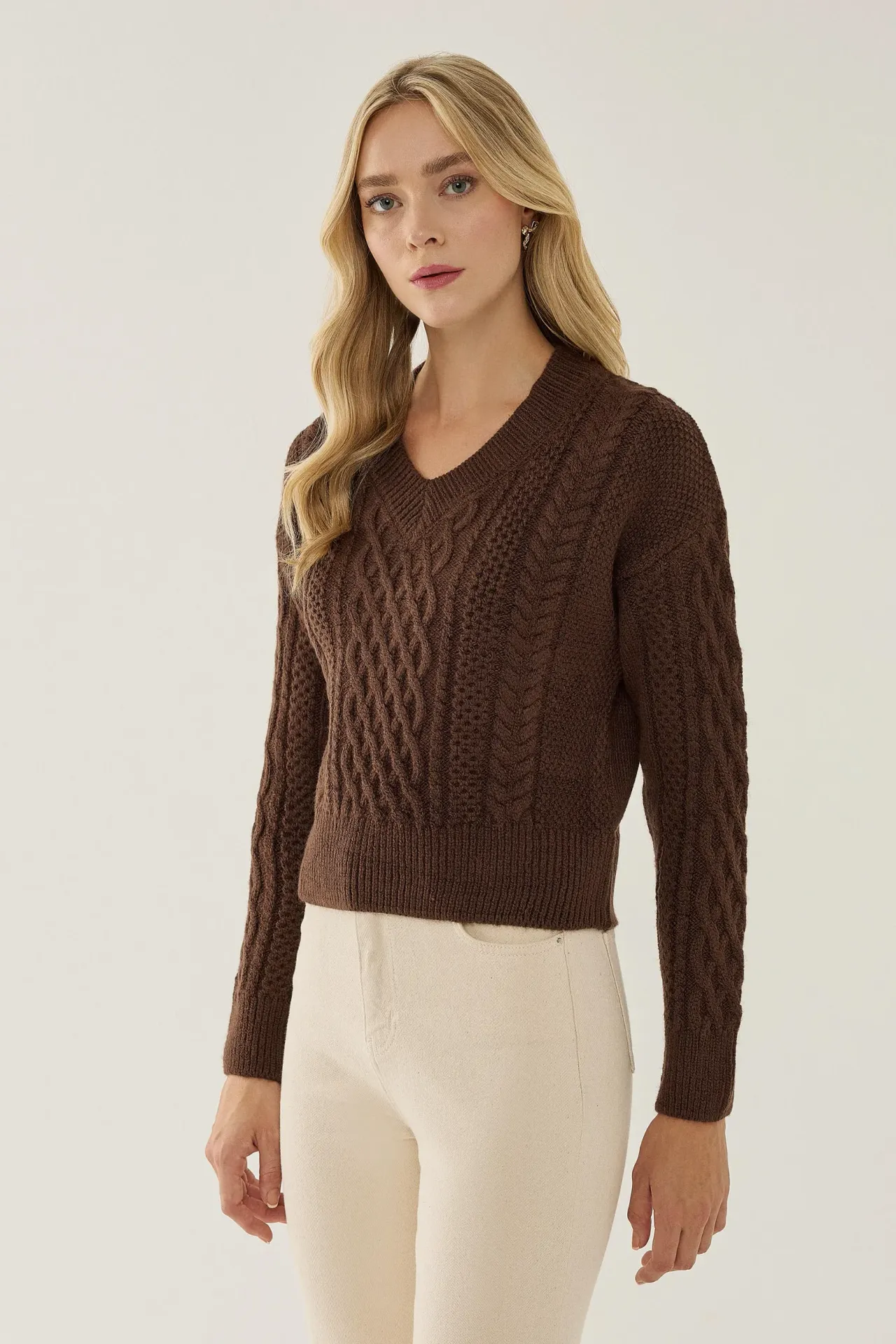 V-Neck Hair Braid Knit Sweater