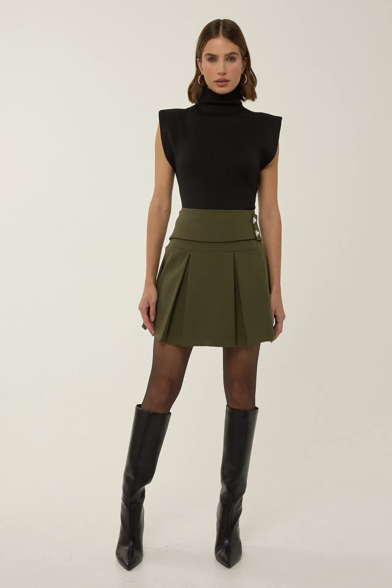 Pleated Mini Skirt with Pearl Detail