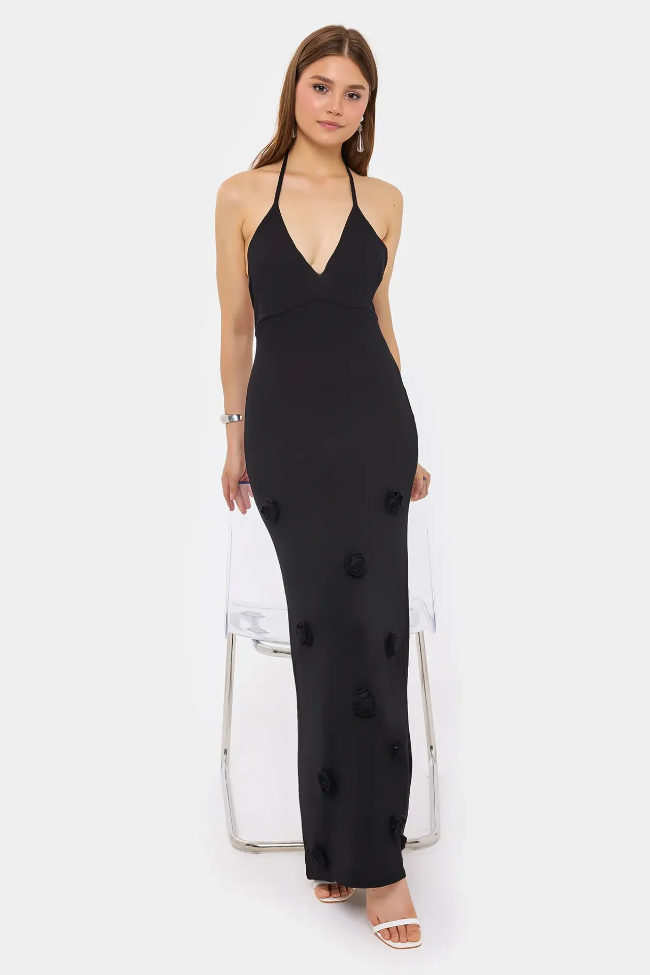 Strappy V-Neck Maxi Dress with Open Back and Flower Detail