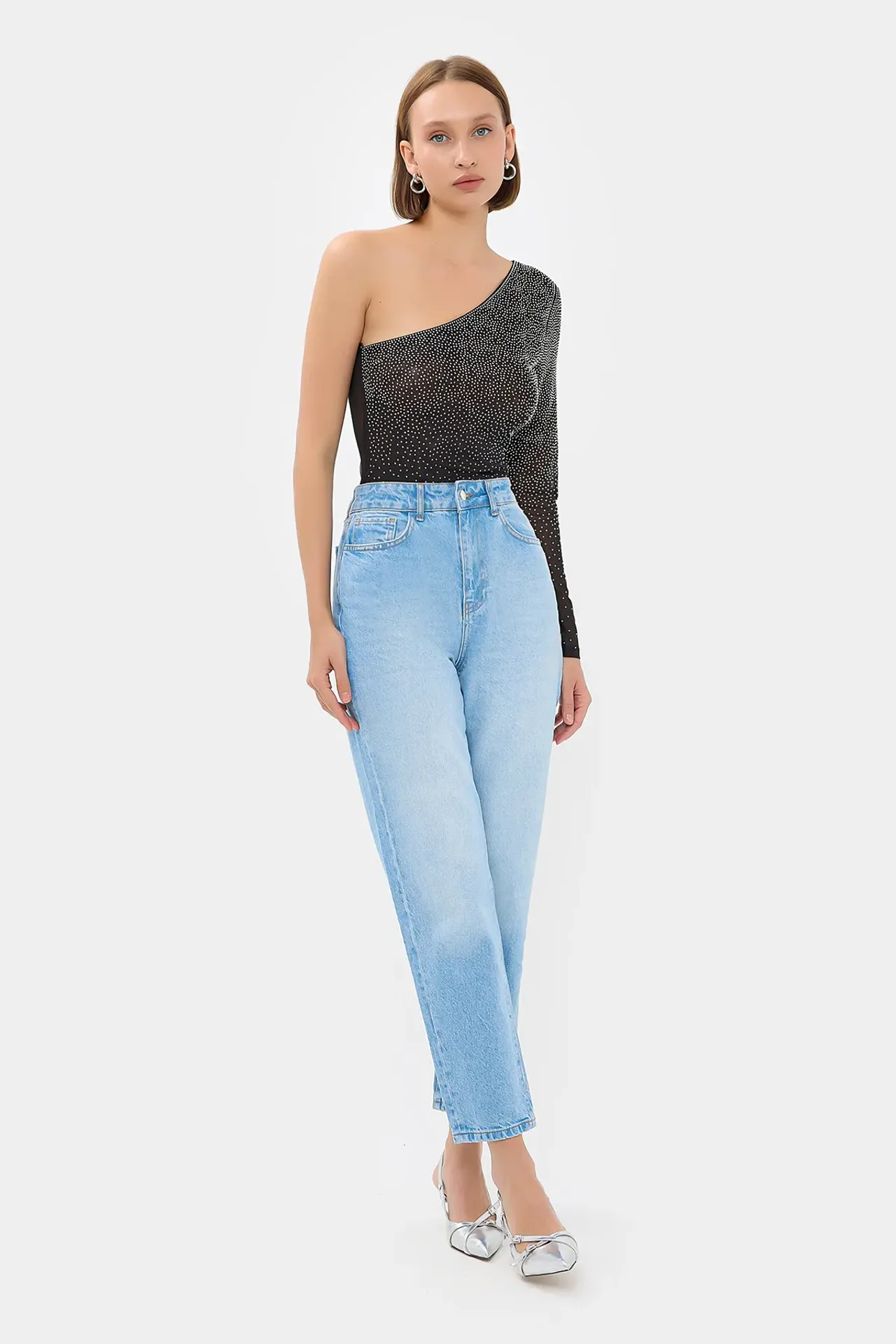 Stone-Embellished One-Shoulder Mesh Bodysuit