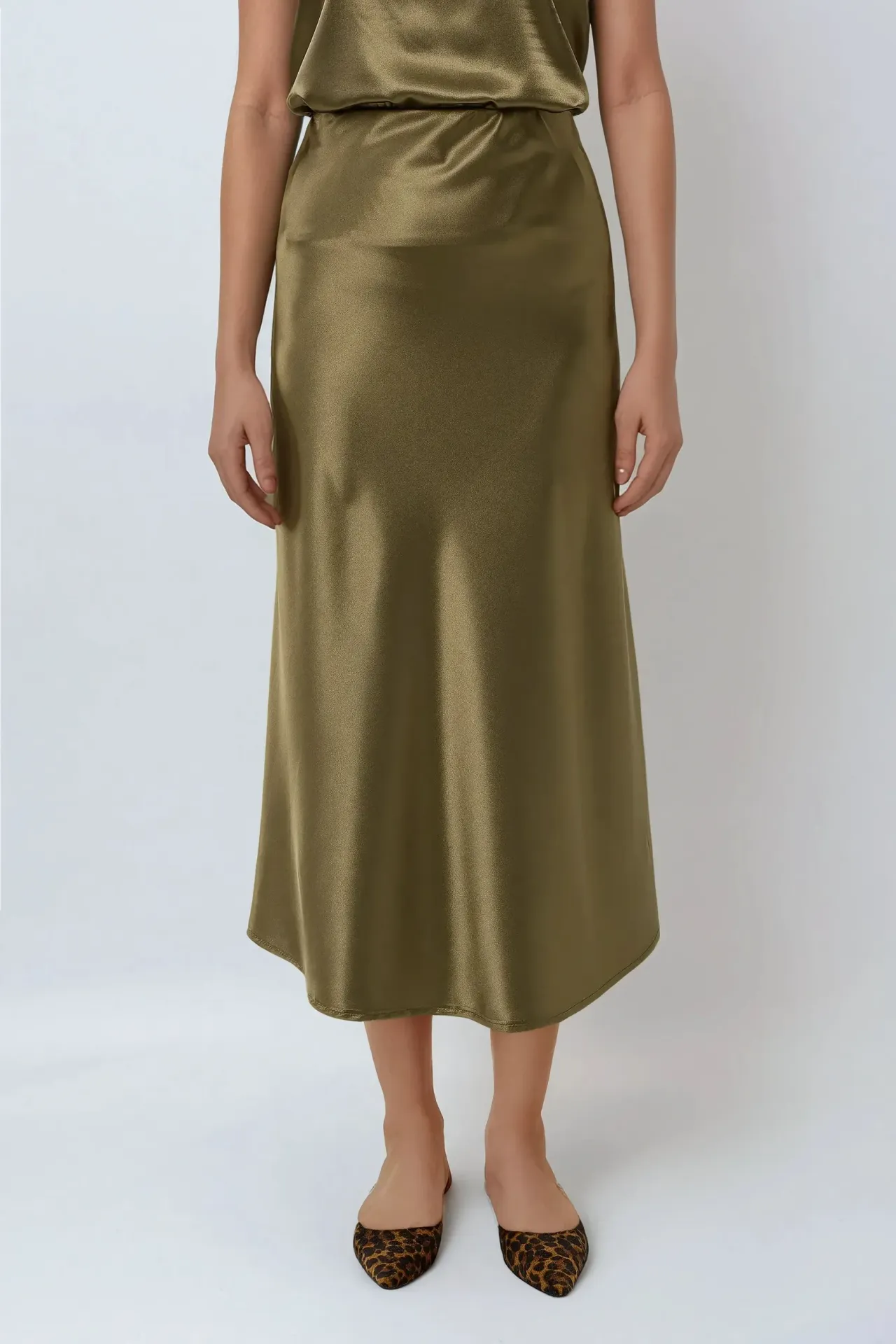 High-Waist Satin Midi Skirt