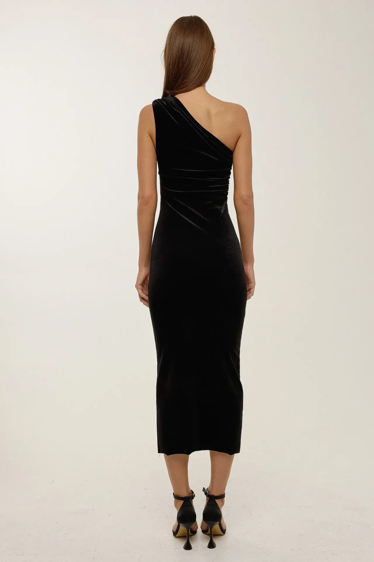 Draped Velvet Midi Dress with Single Arm