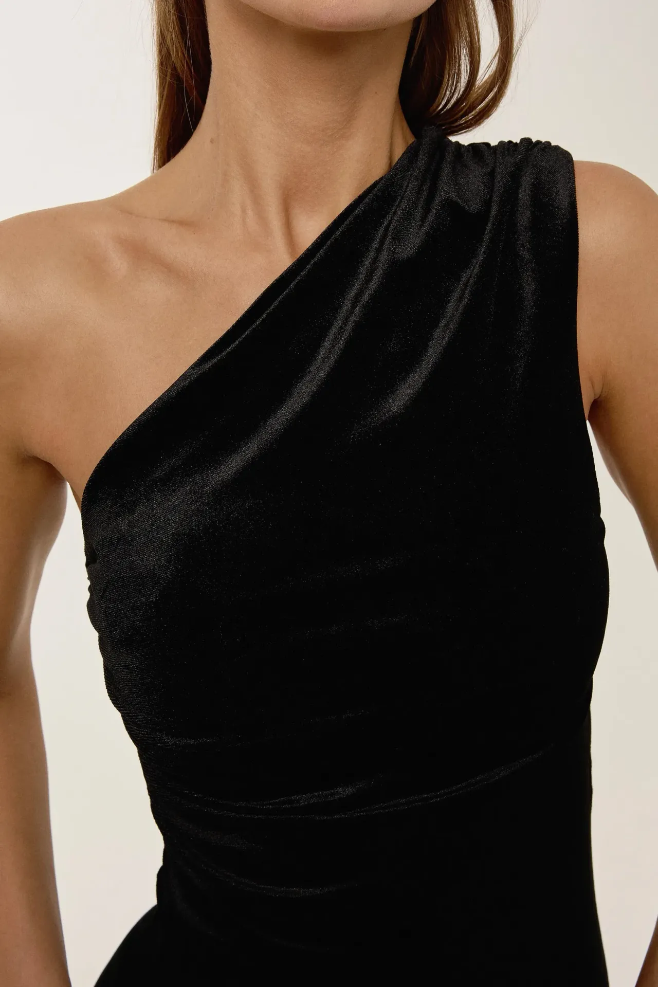 Draped Velvet Midi Dress with Single Arm