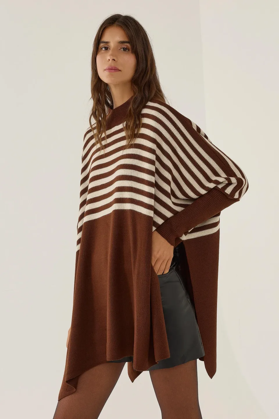 Long Striped Knit Sweater with Slit