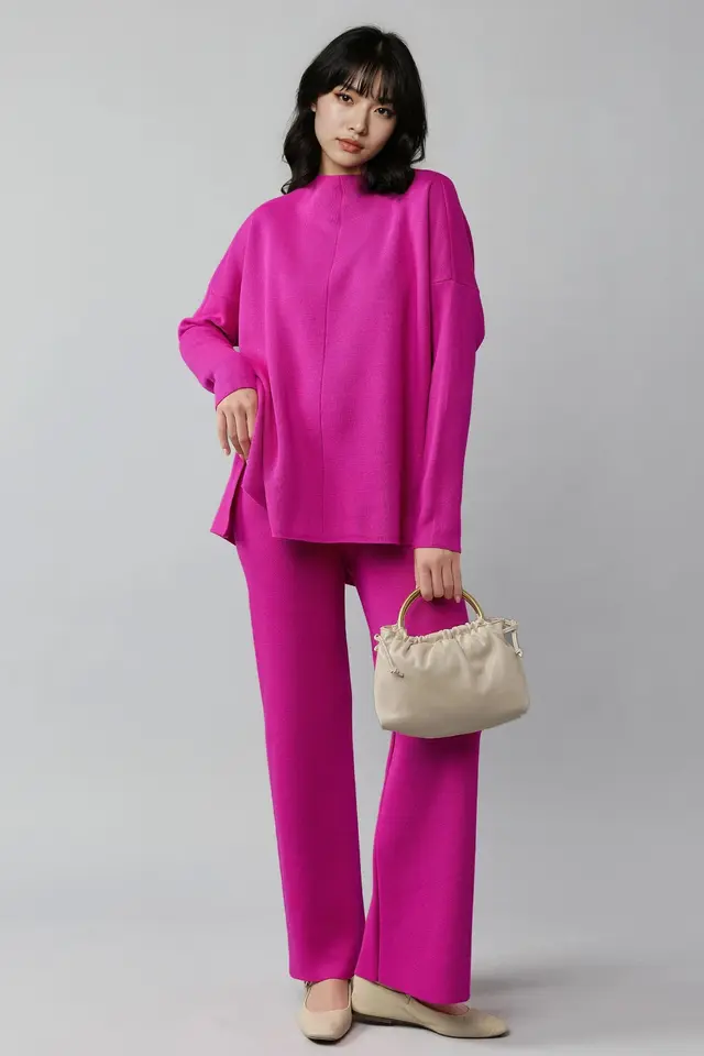 MY FASHION Ribbed Knit Co-Ord Set with Basic Sweater & Pants