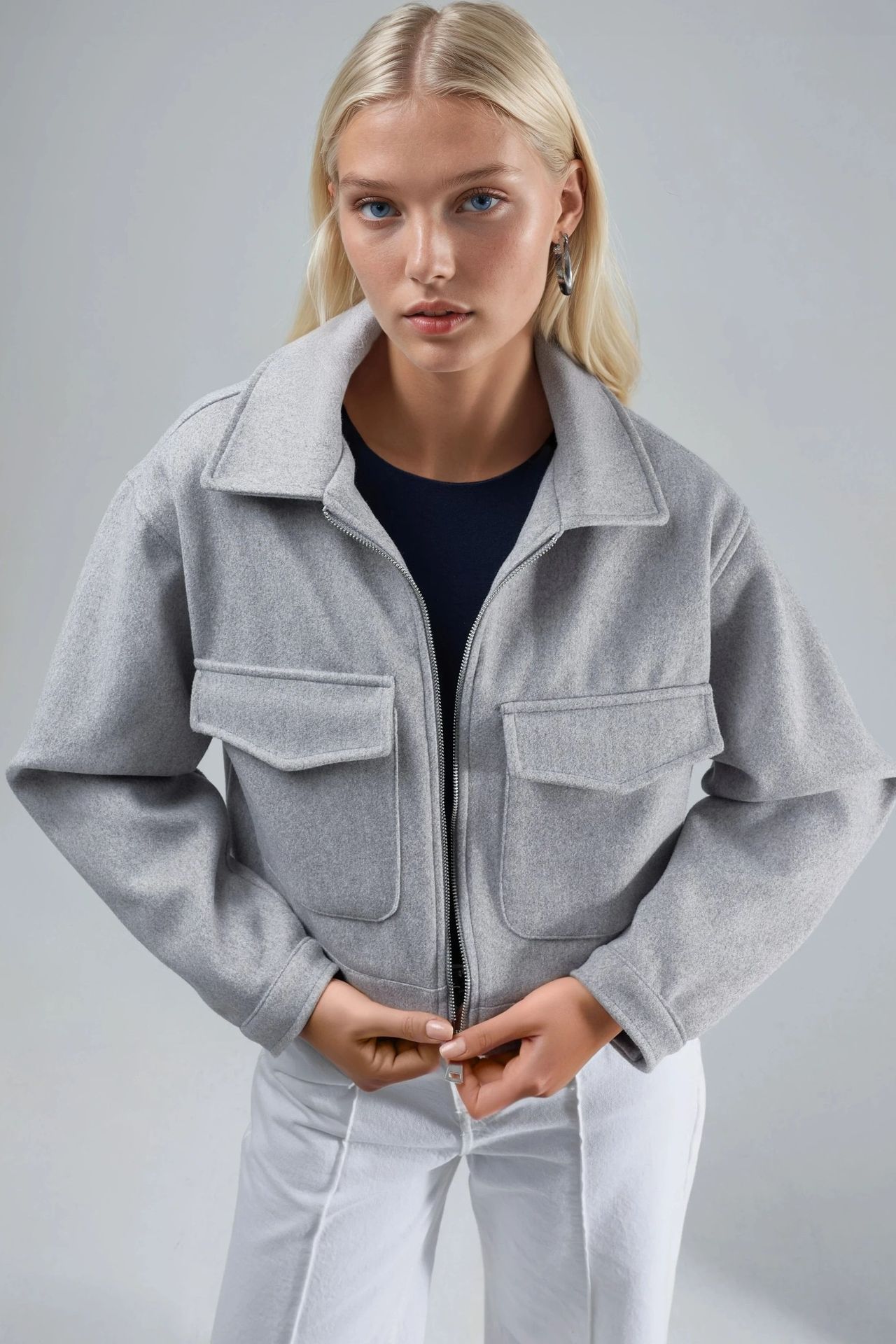 BUSEM Crop Gabardine Jacket with Zipper and Pocket 2