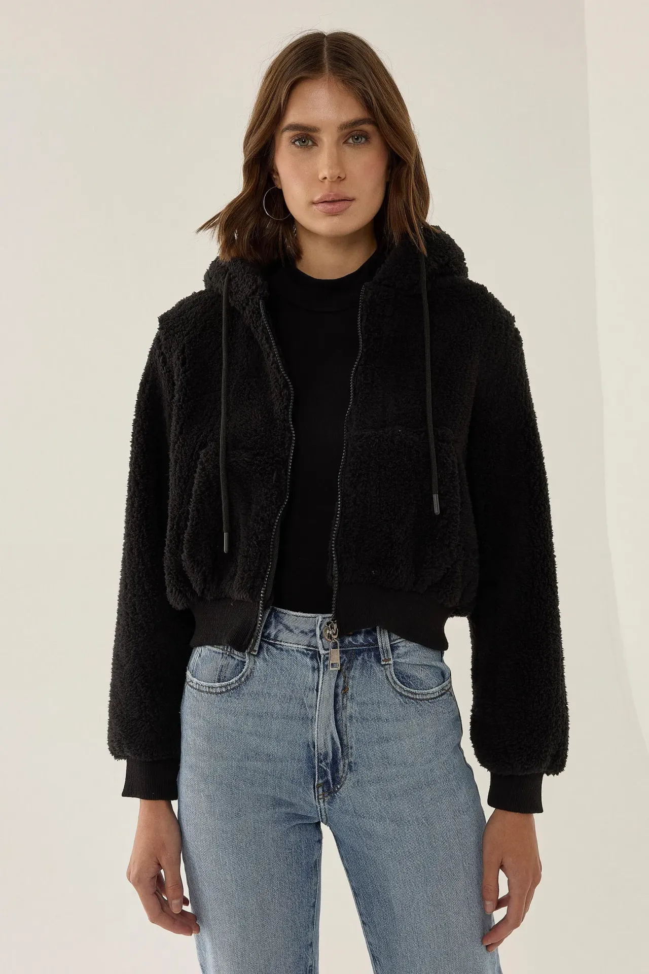 Plush Crop Jacket with Zipper Collar