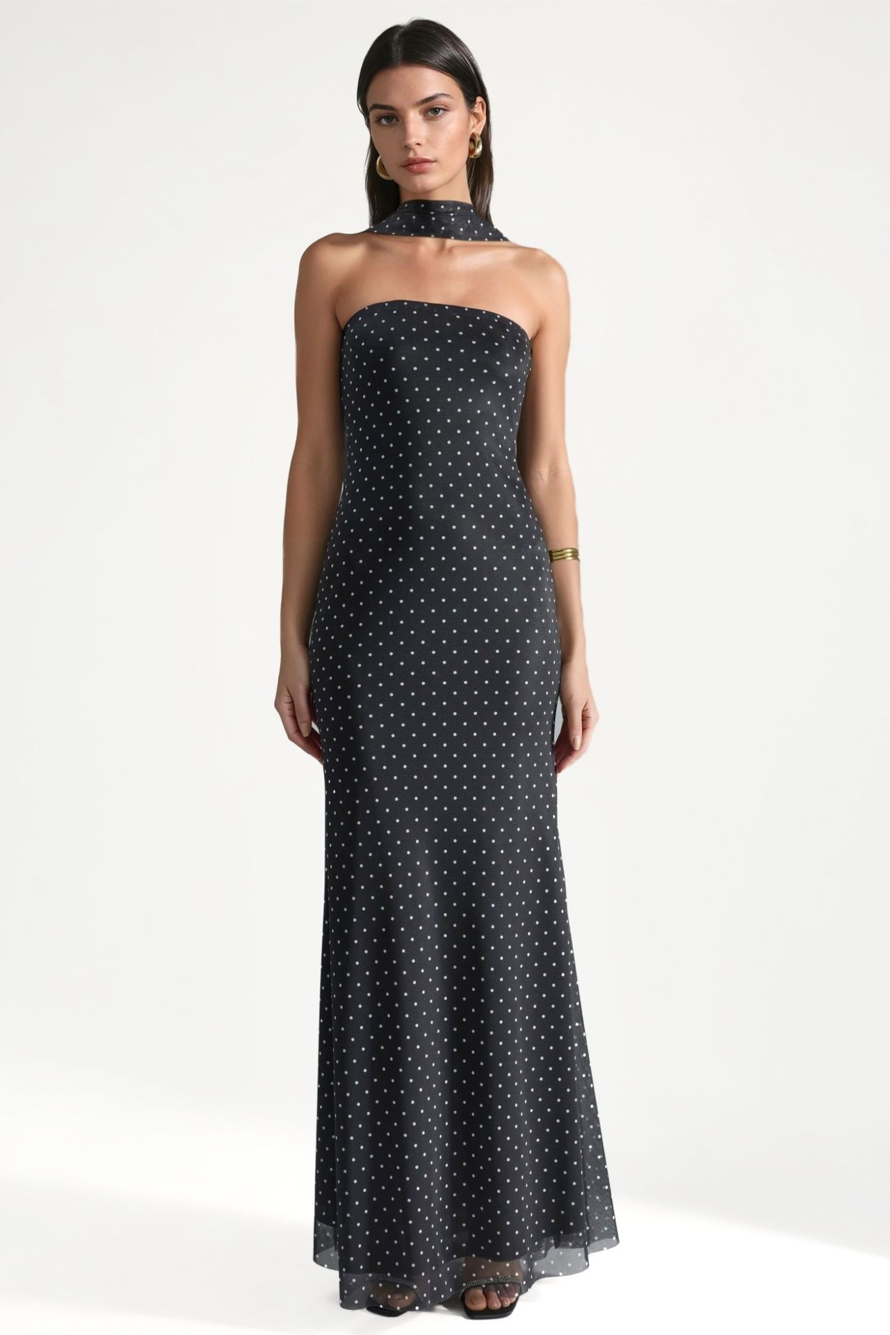 Polka Dot Strapless Maxi Dress with Scarf Detail 5