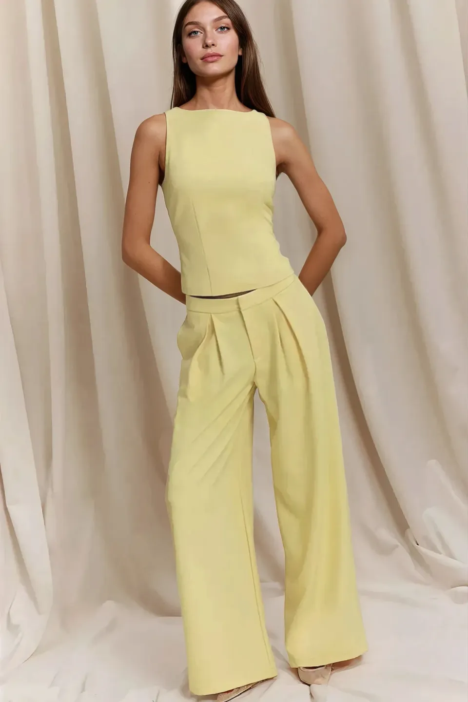 Pleated Wide Leg Long Pants
