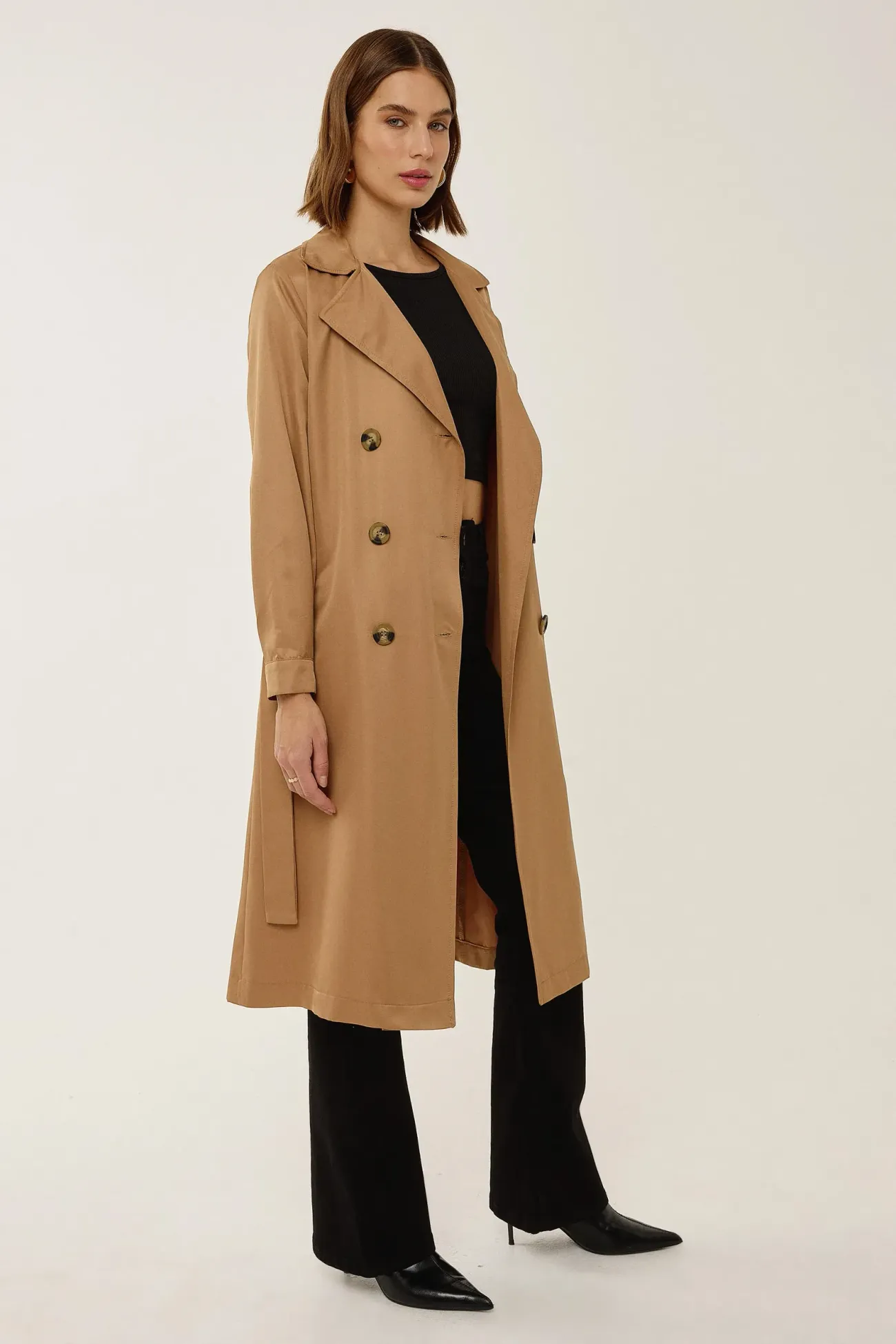 Double-Breasted Belted Long Trench Coat 2