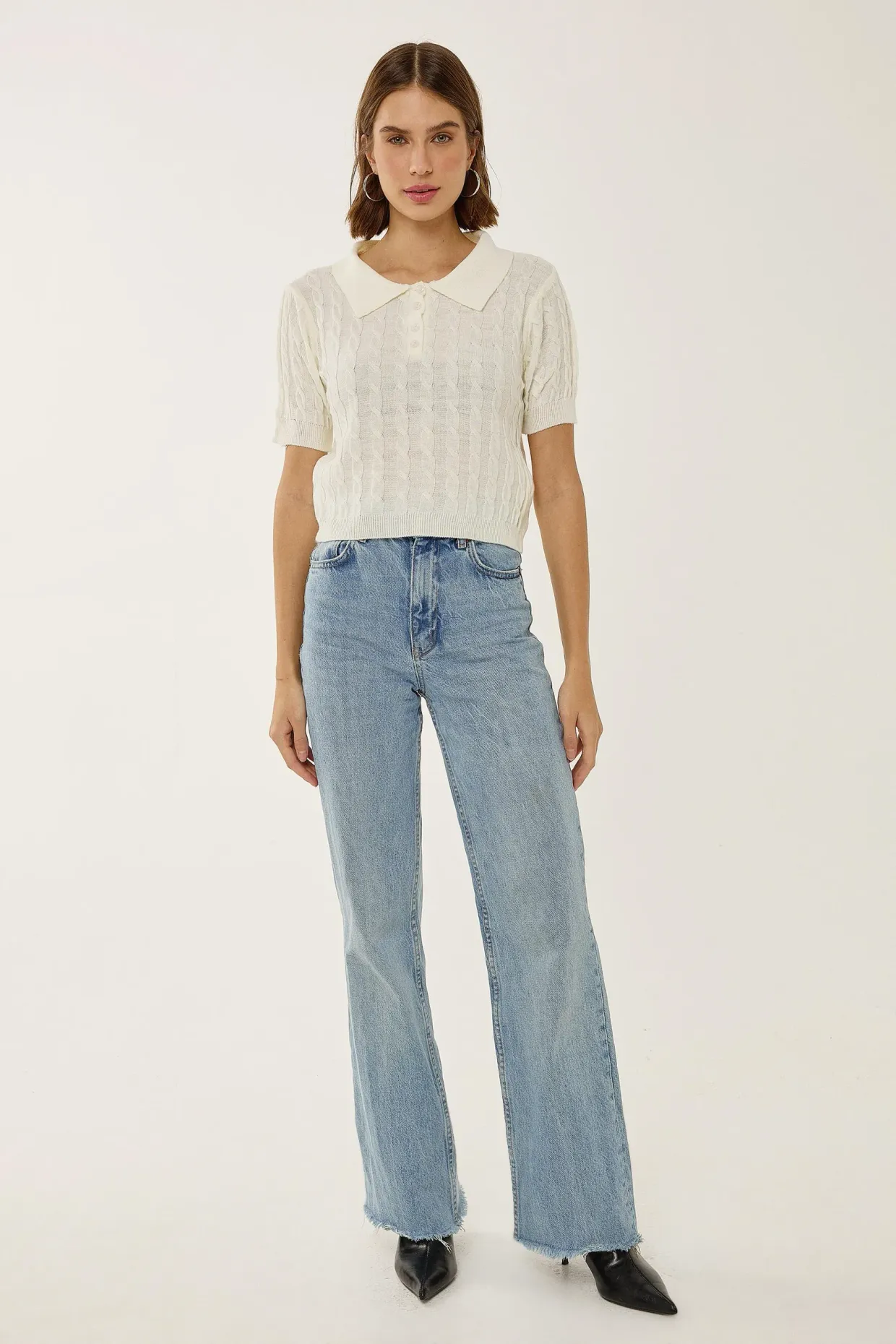 Shirt Collar Knit Top with Hair Braid Pattern 2