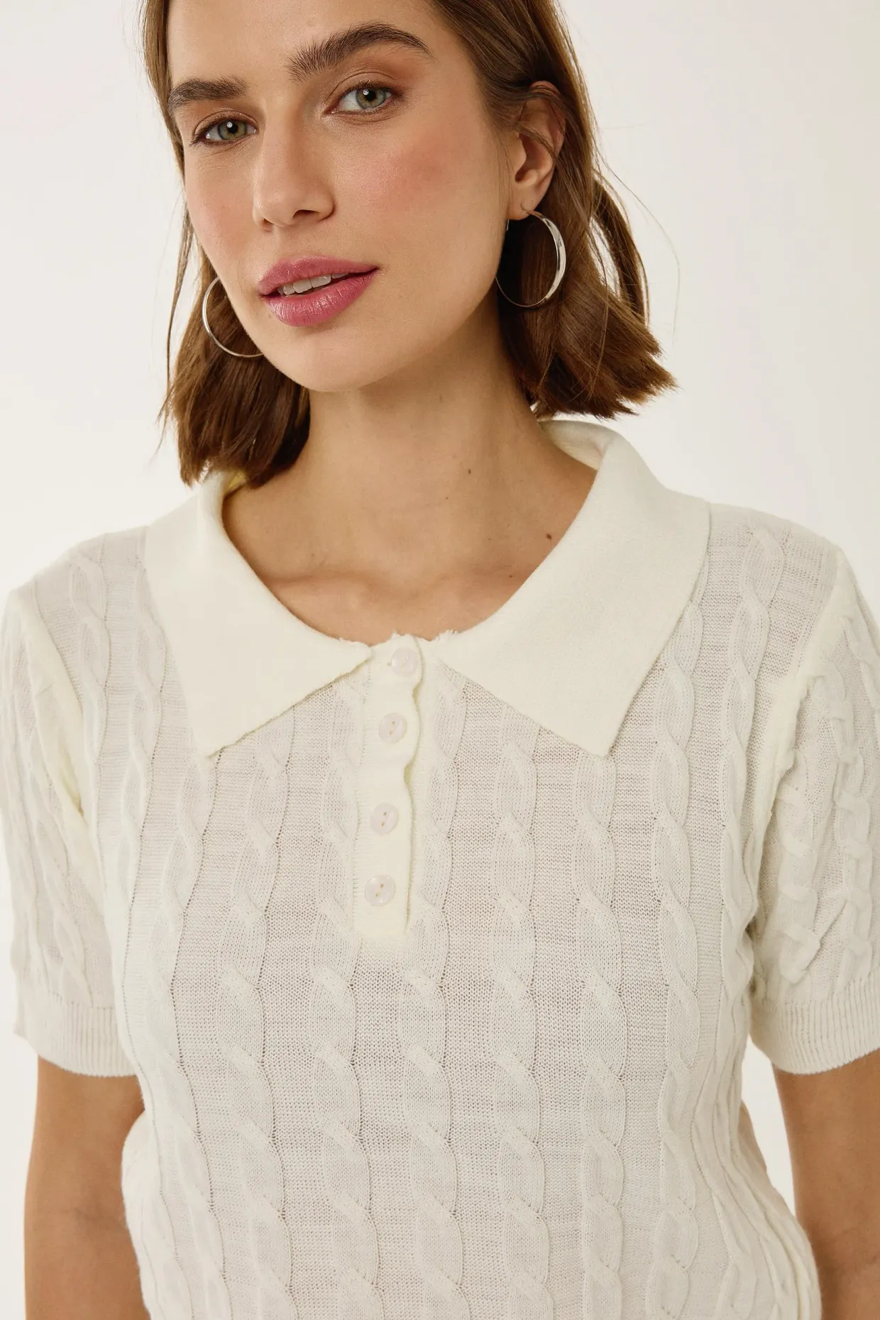Shirt Collar Knit Top with Hair Braid Pattern 4