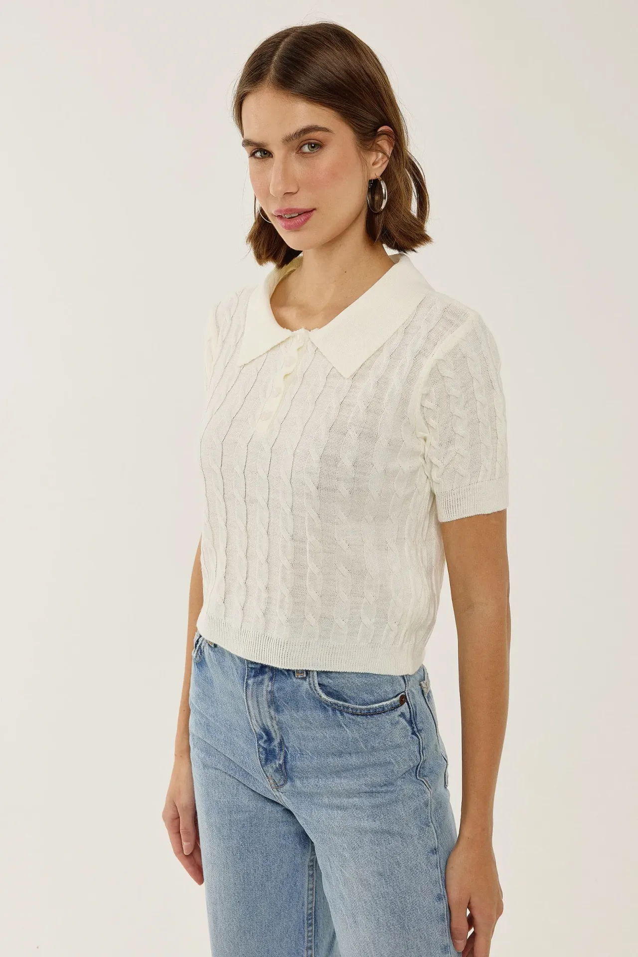 Shirt Collar Knit Top with Hair Braid Pattern