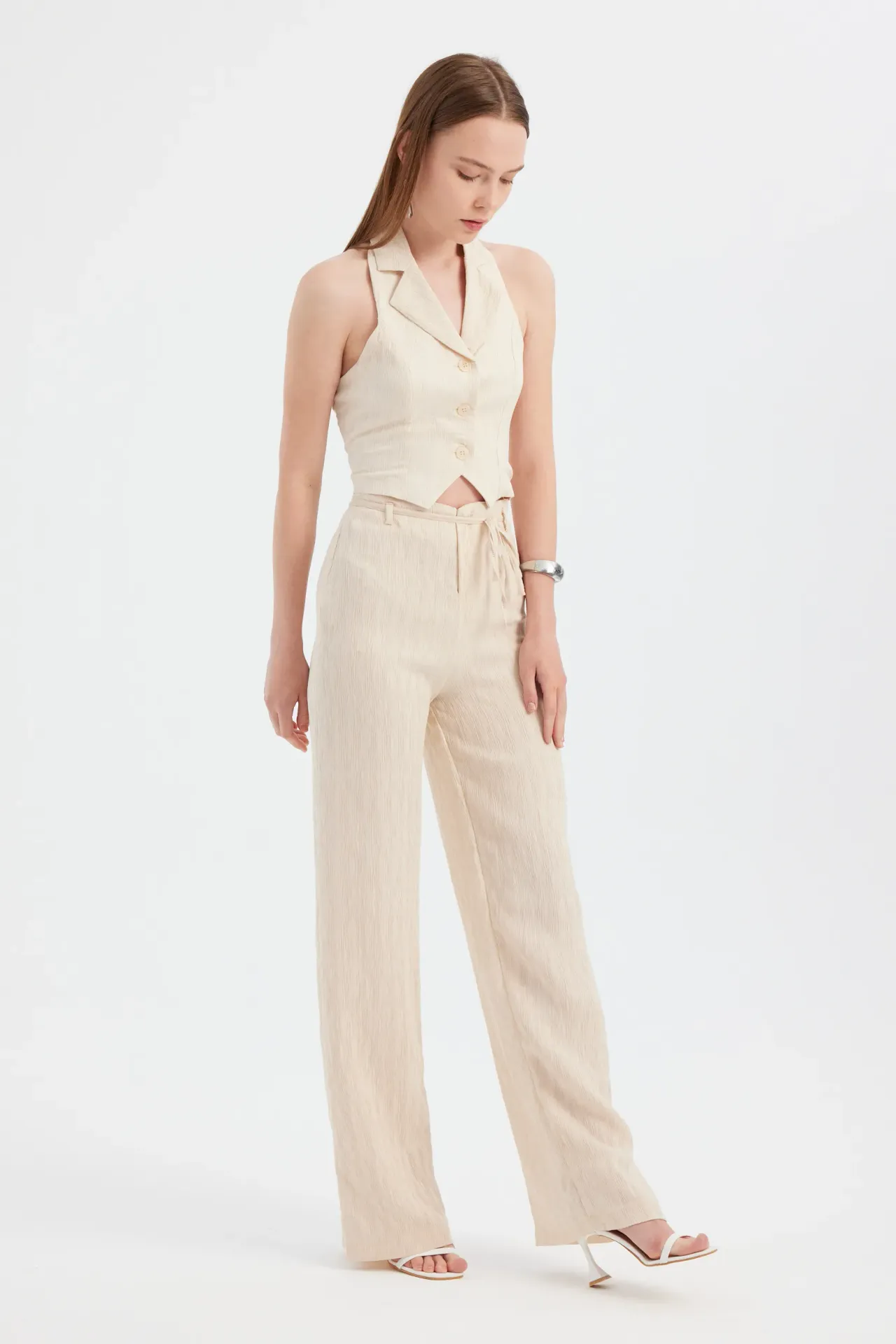 Woven Straight Leg Trousers with Belt Detail