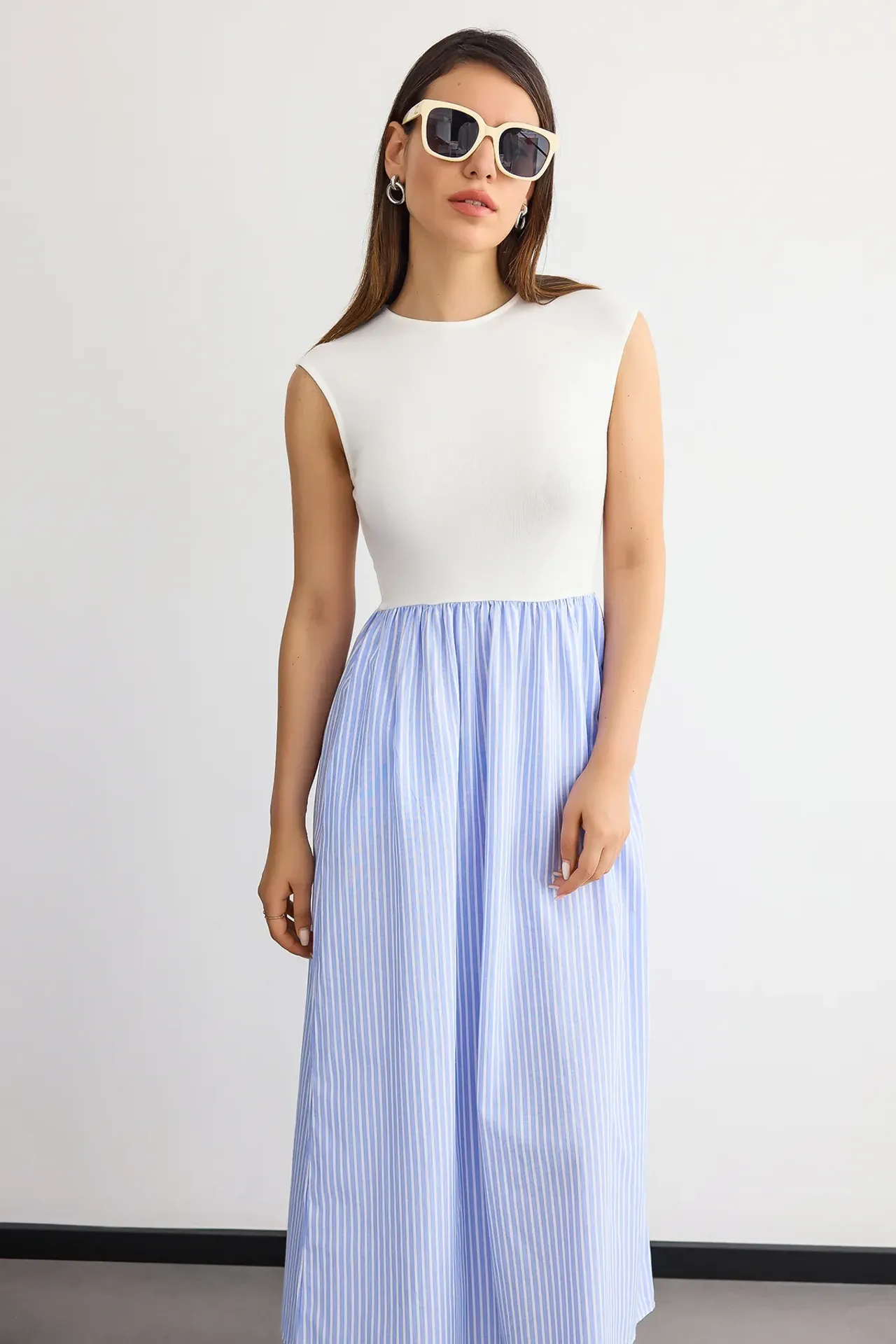 Striped High-Neck A-Line Sleeveless Maxi Dress