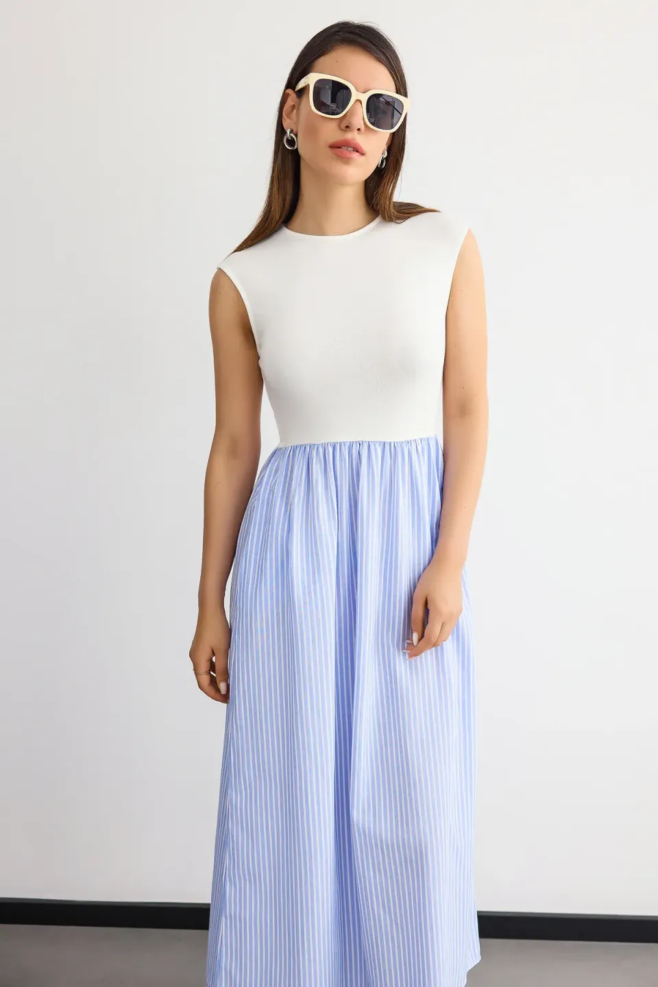 Striped High-Neck A-Line Sleeveless Maxi Dress