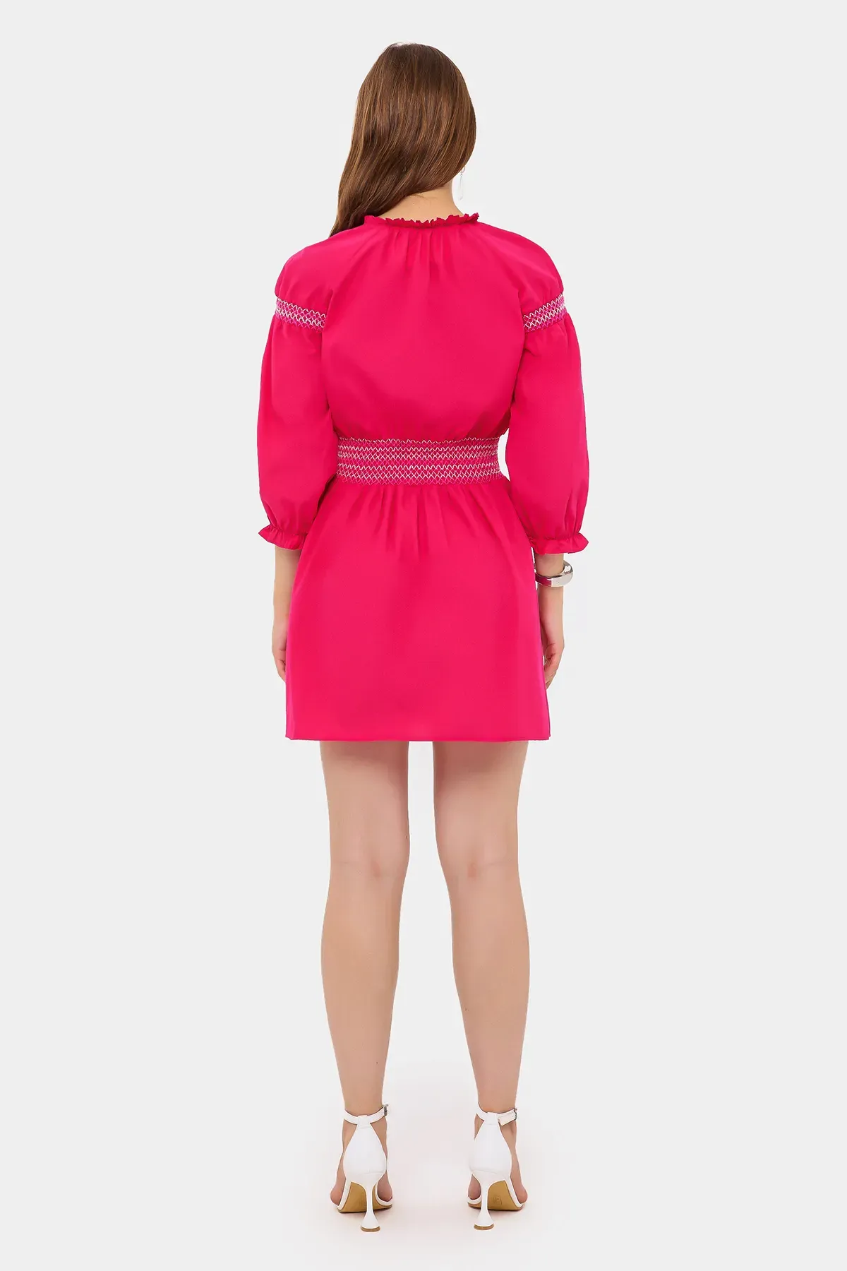 Round Neck Drawstring Mini Boho Dress with a Balloon Sleeves 4