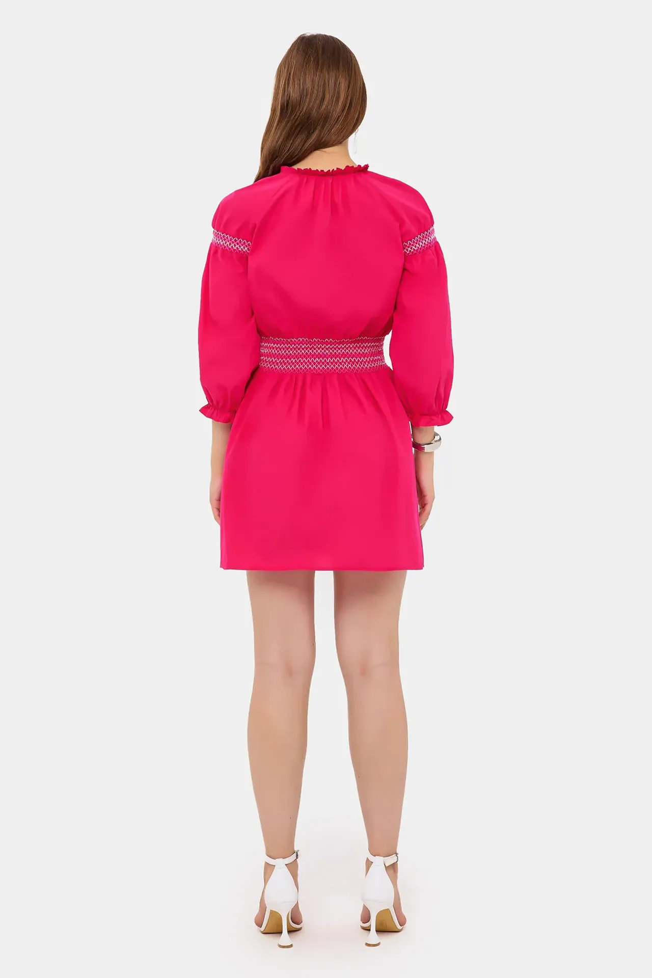 Round Neck Drawstring Mini Boho Dress with a Balloon Sleeves