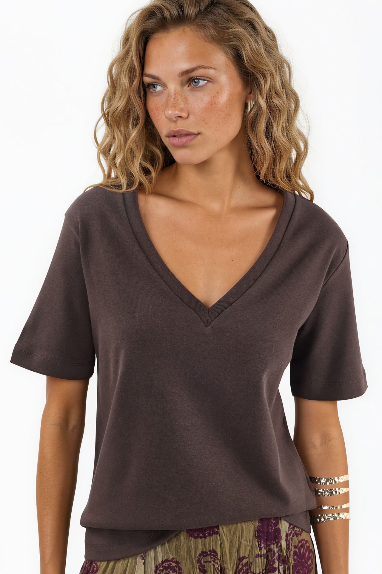 BUSEM V-Neck Solid Regular Fit Cotton T-Shirt 1