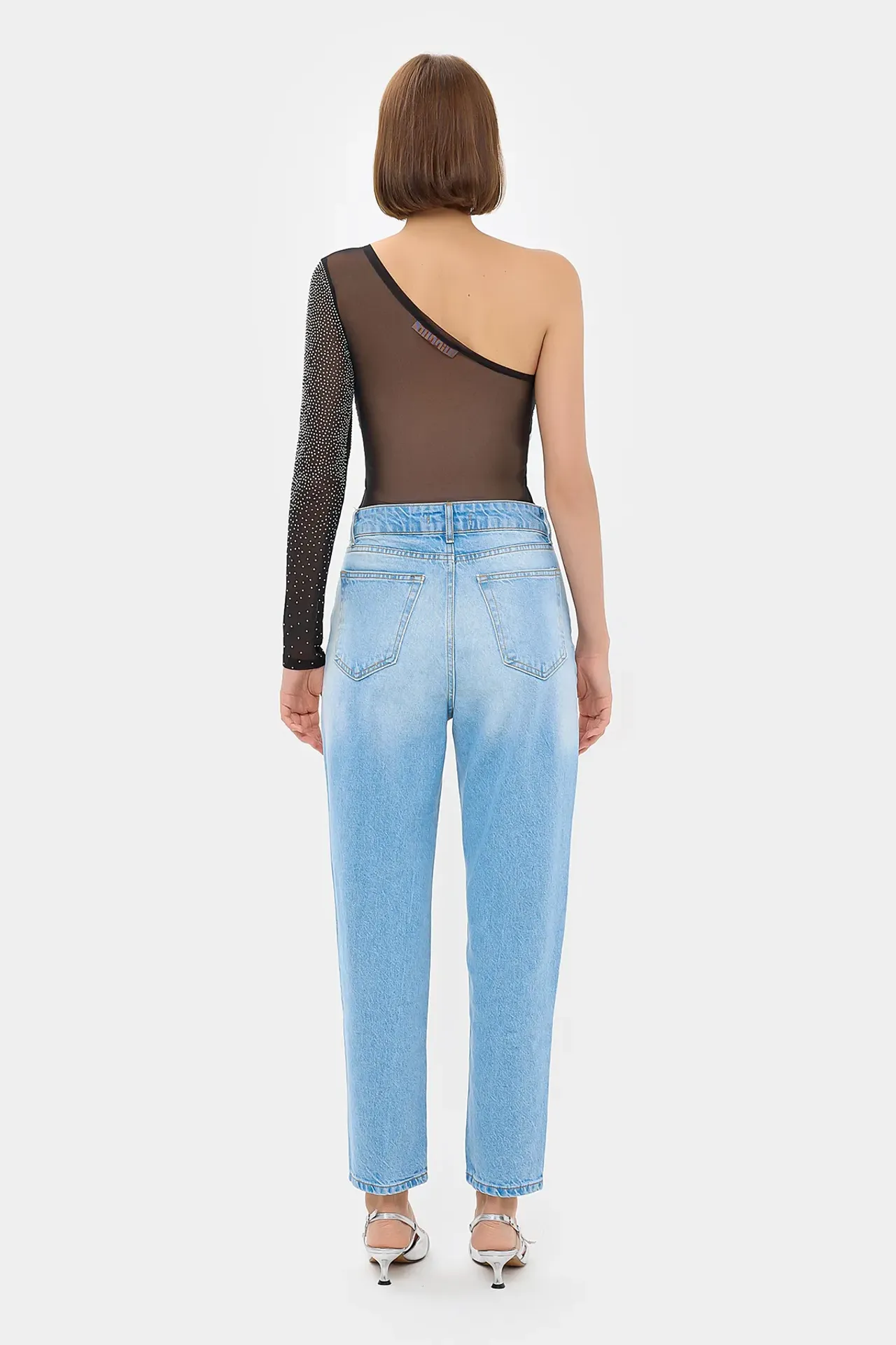 Stone-Embellished One-Shoulder Mesh Bodysuit