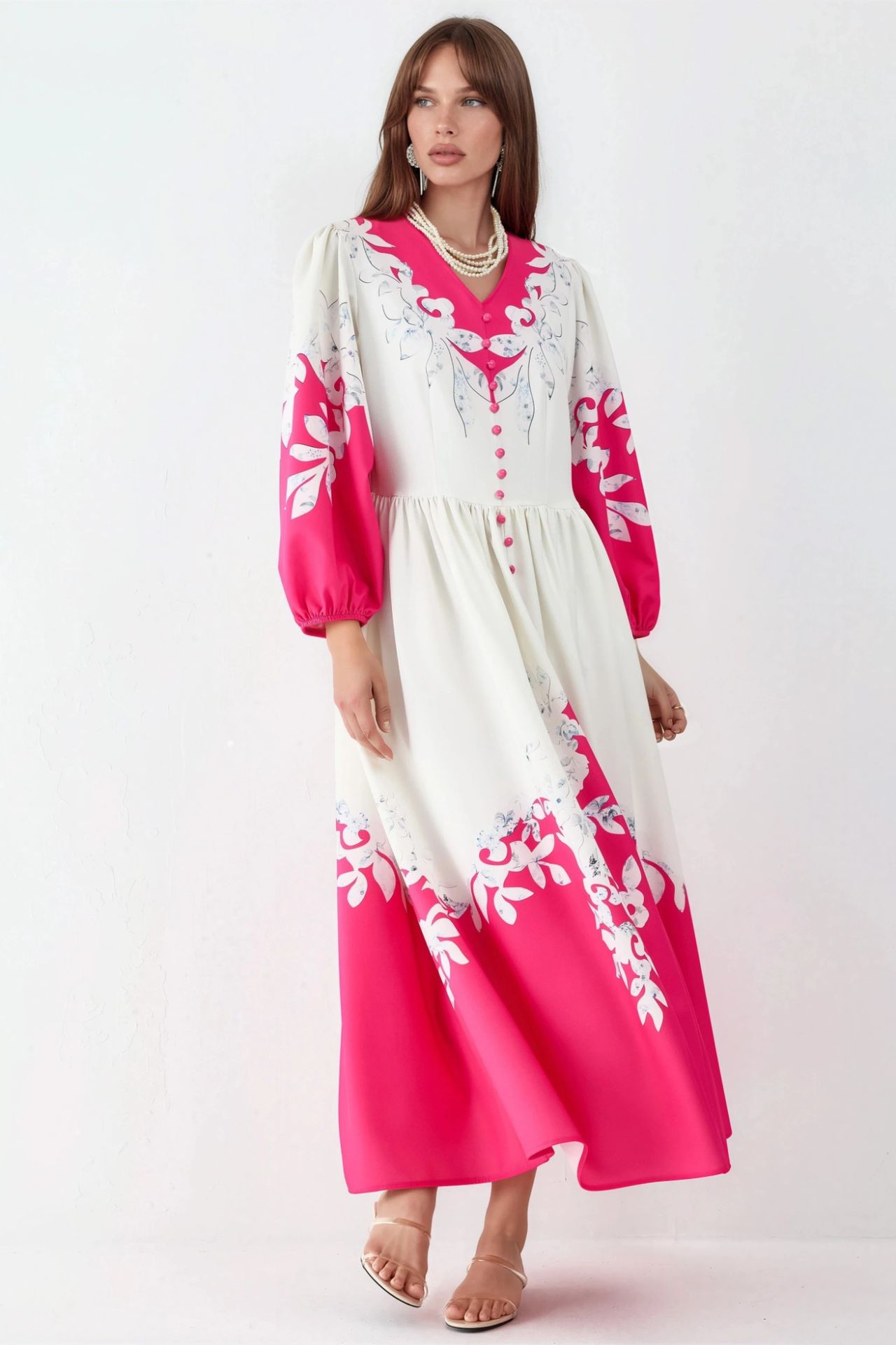 MSN Floral Maxi Dress with V-Neck and Button Detail