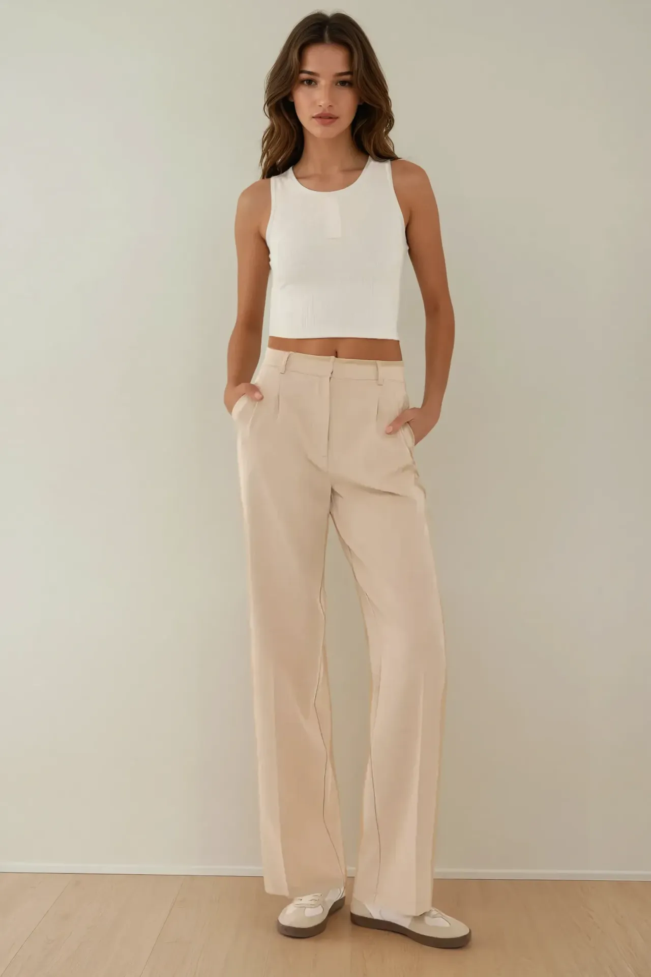 Mid Waist Pleated Straight Fit Pants