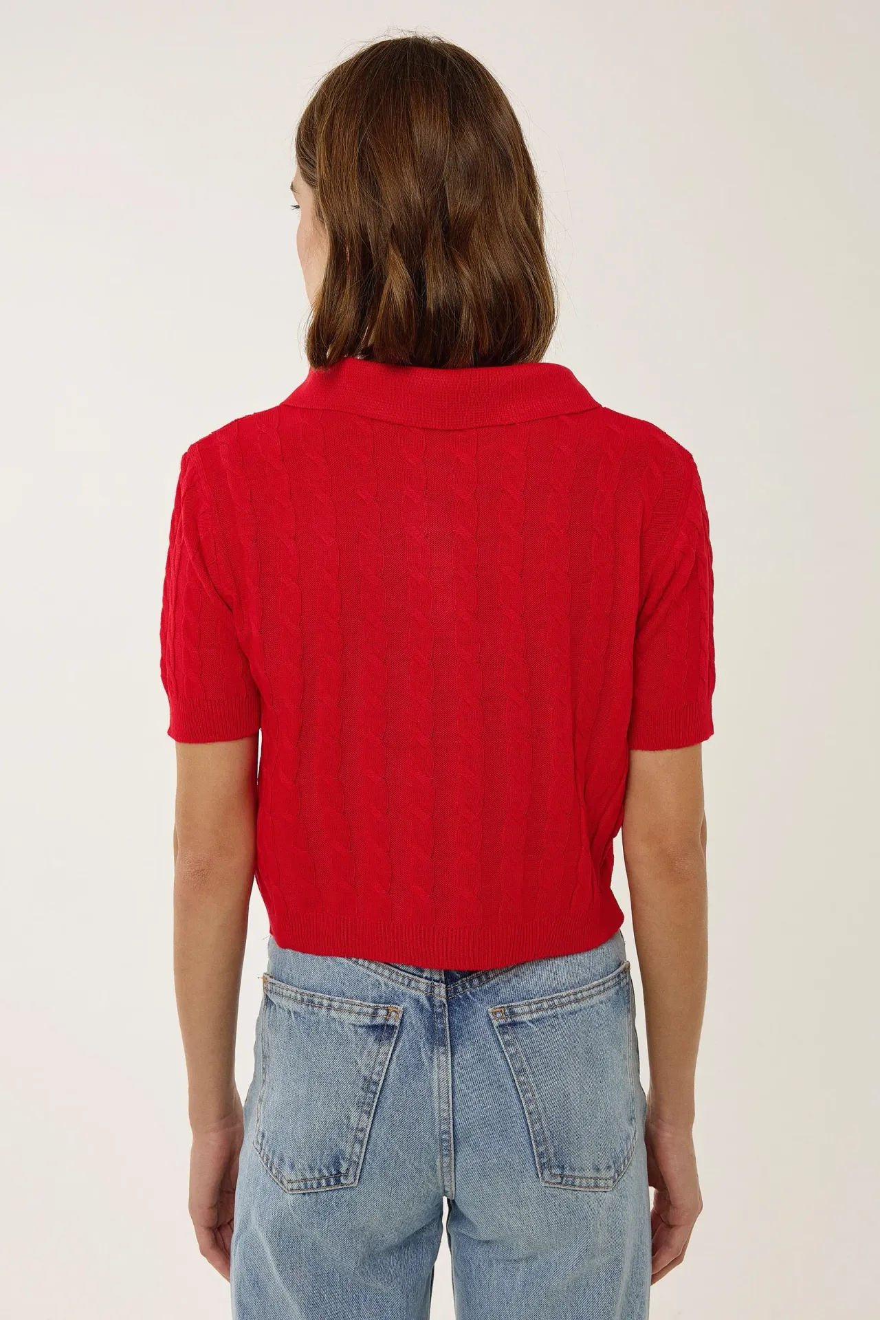 Shirt Collar Knit Top with Hair Braid Pattern