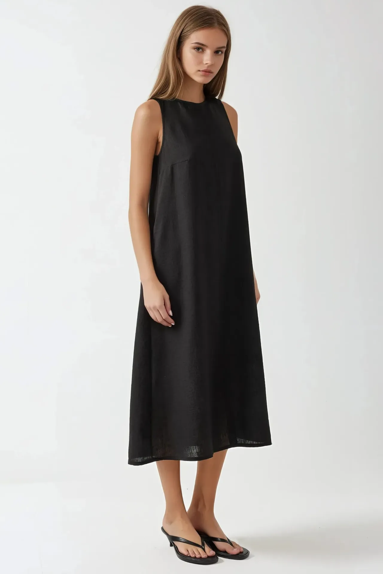 Linen Feel Sleeveless Crew Neck Midi Dress