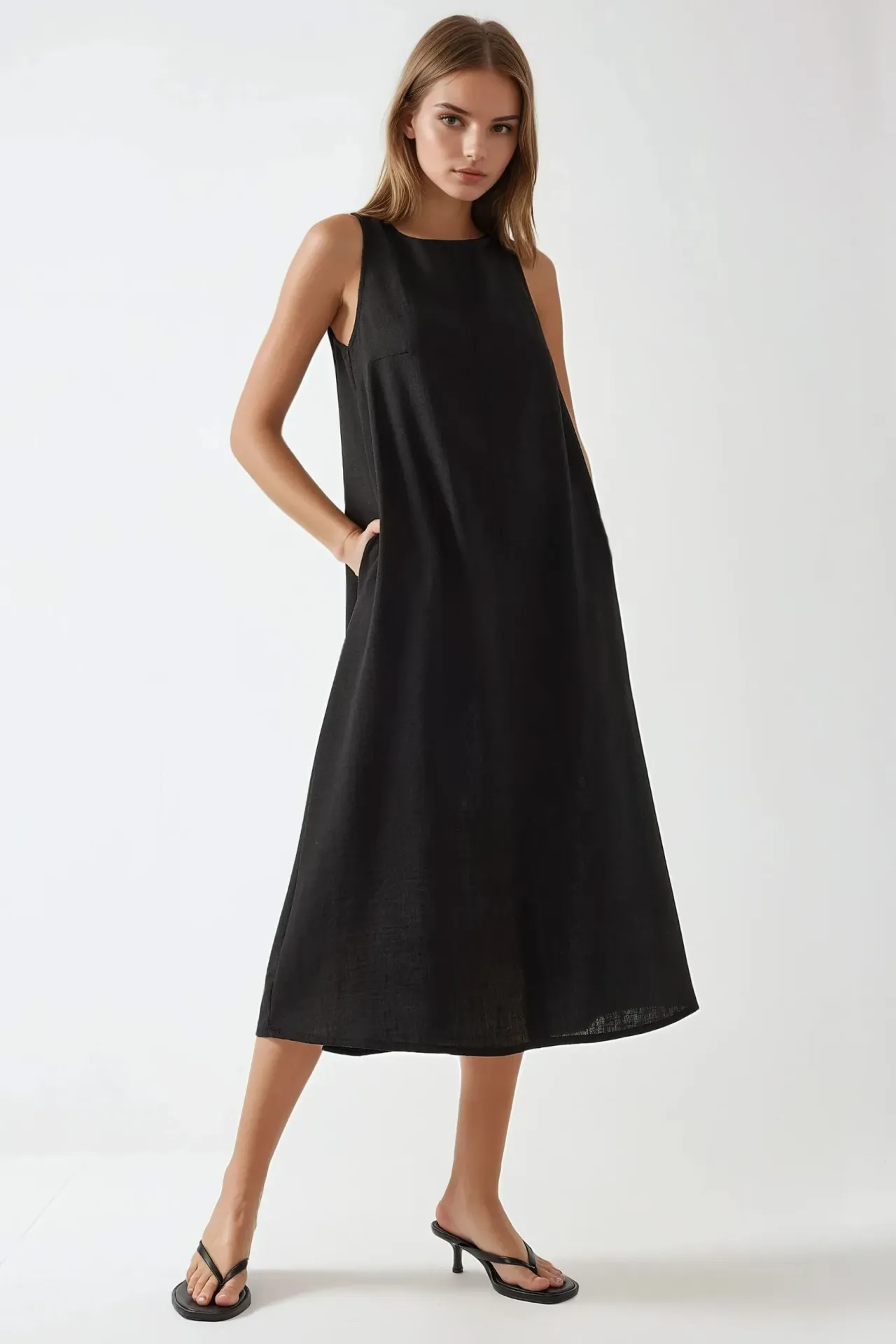 Linen Feel Sleeveless Crew Neck Midi Dress