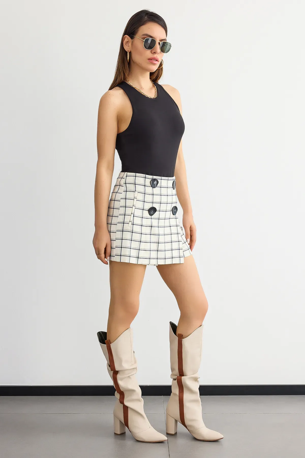 Checked High-Waist Button-Detail Mini Skort 2