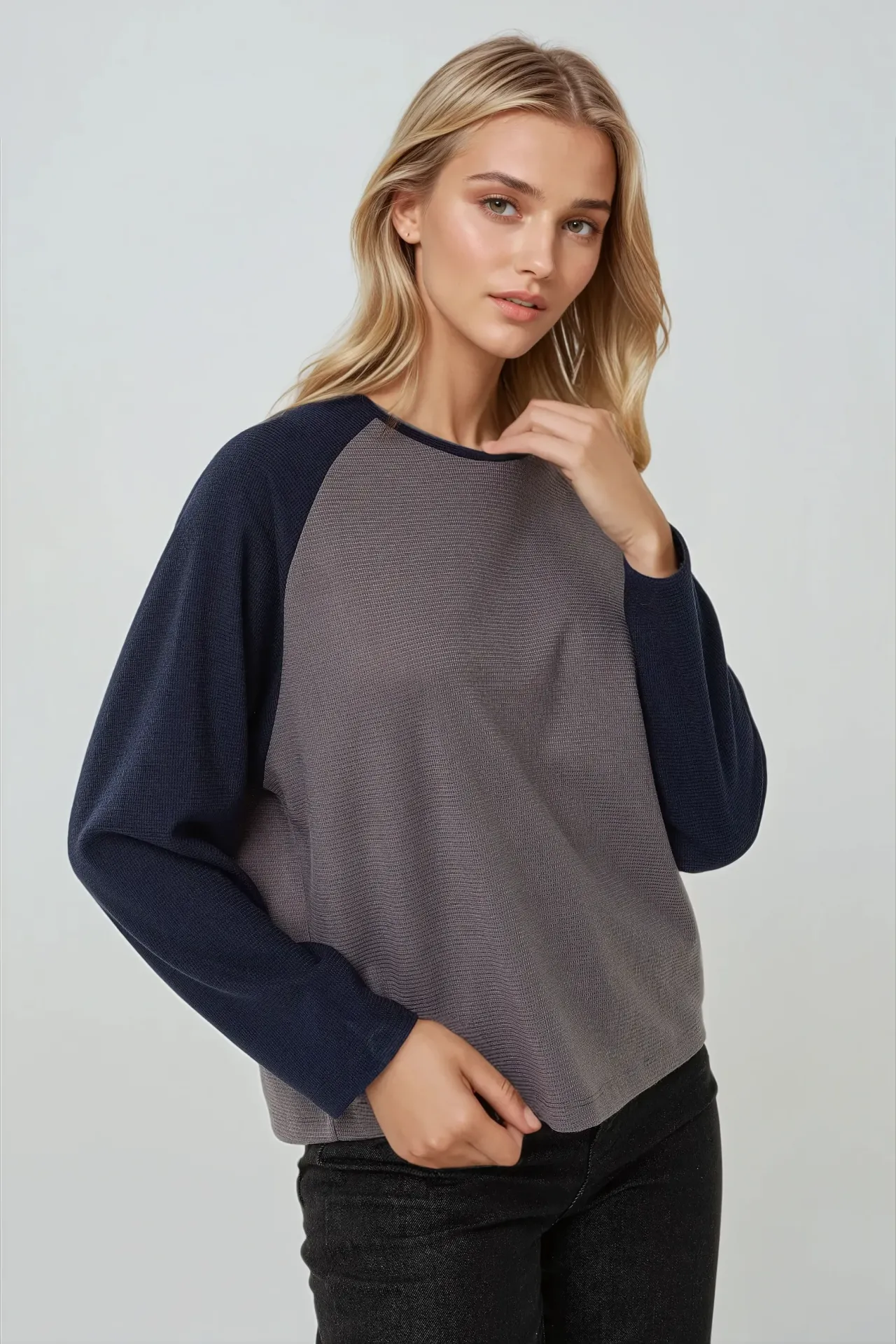 Crew Neck Raglan Long Sleeve Waffle Top