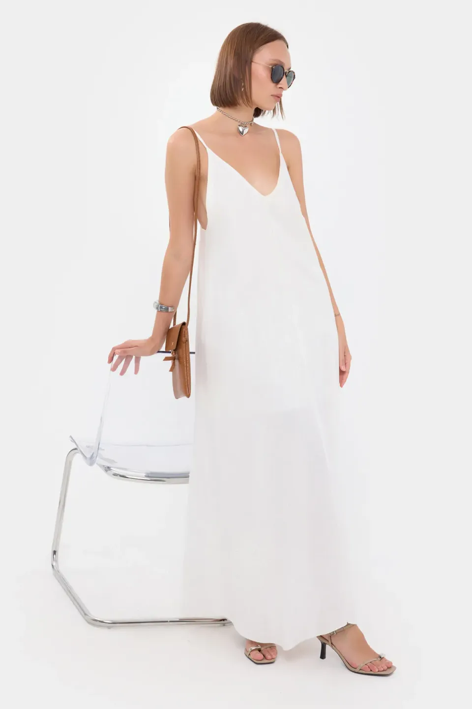 Sleeveless V-Neck Maxi Dress with Flower Detail