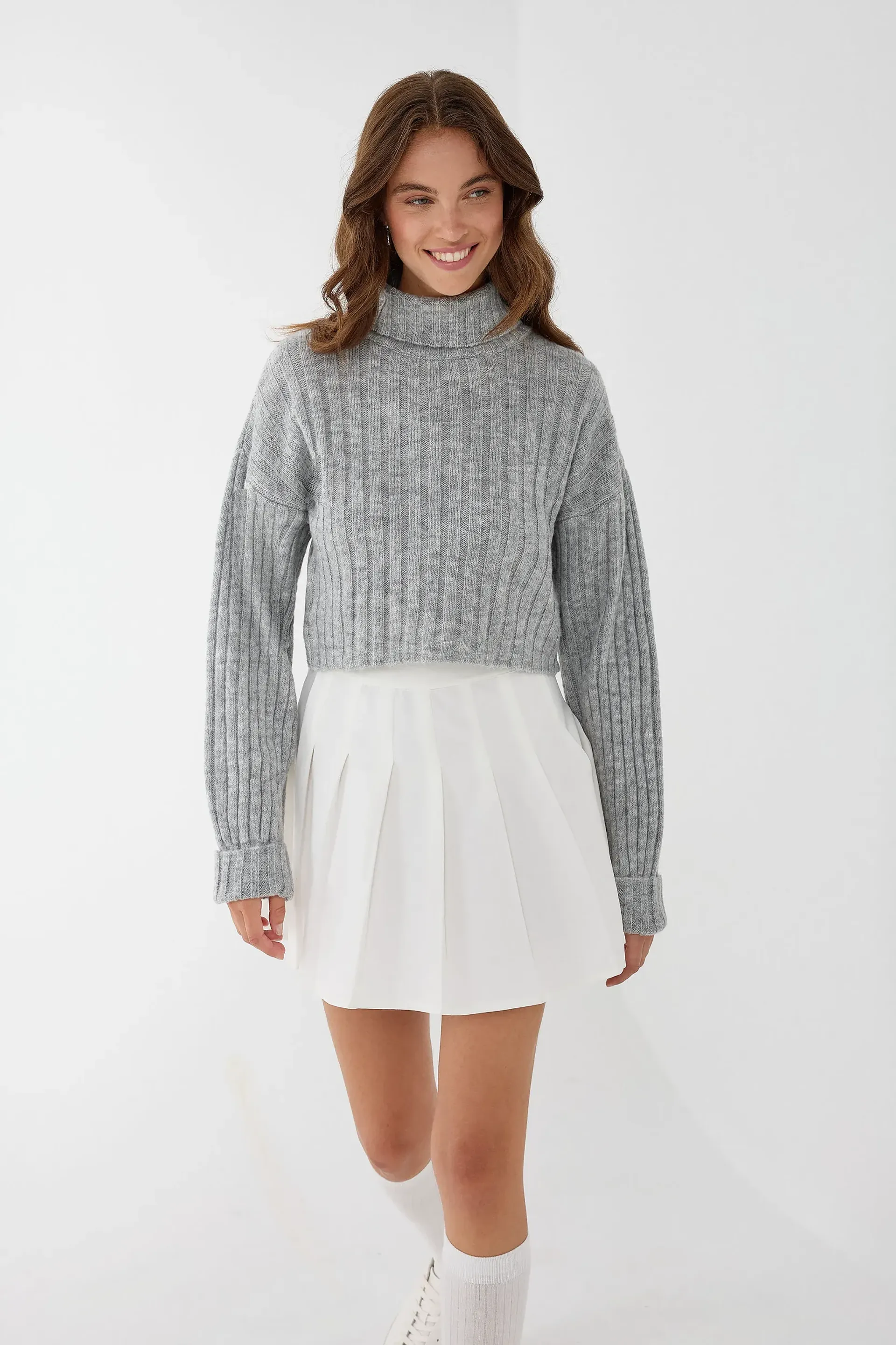 Grey Turtleneck Knit Sweater Women
