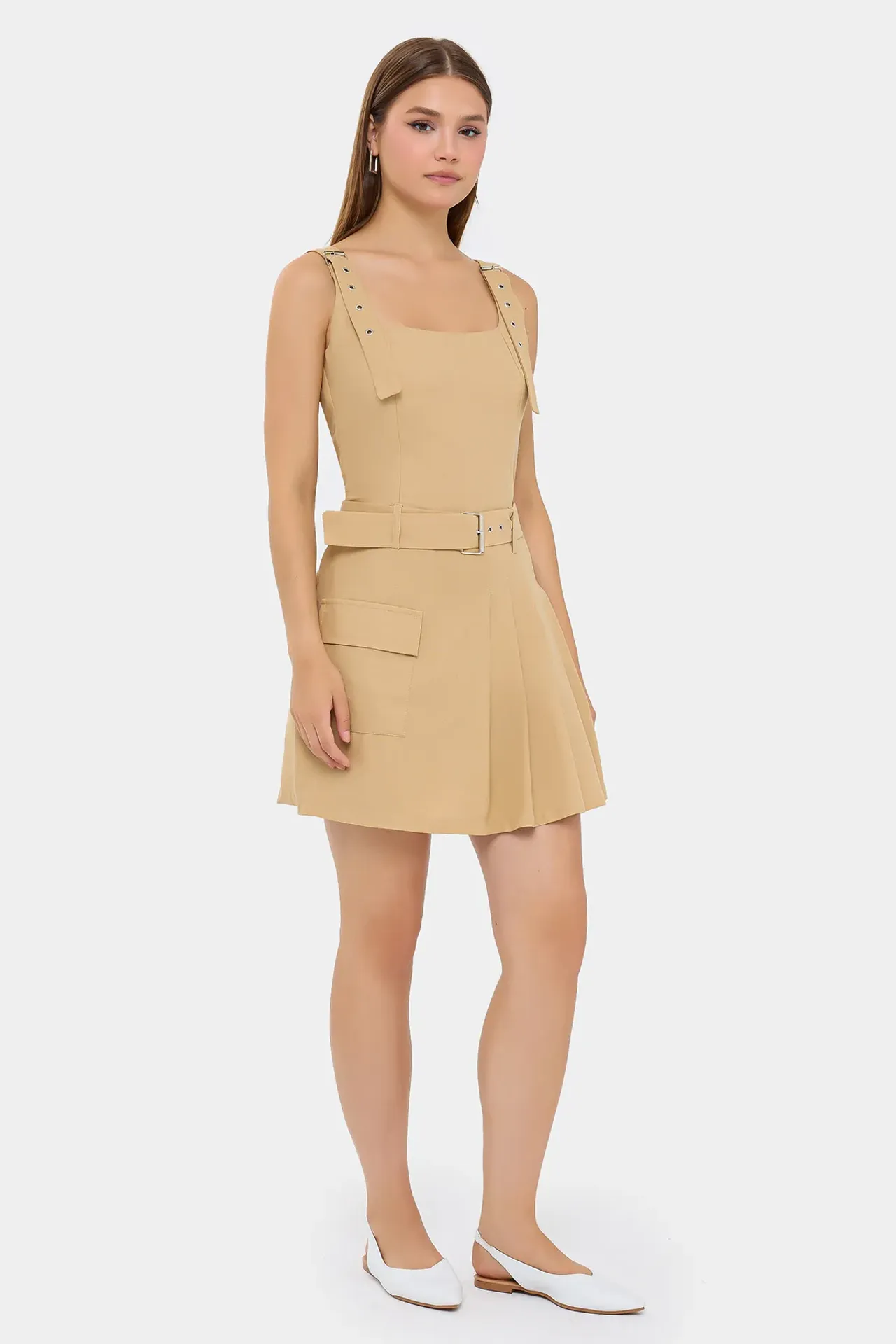 Belt-Detailed Woven Jumpsuit with Pleated Front and Pocket