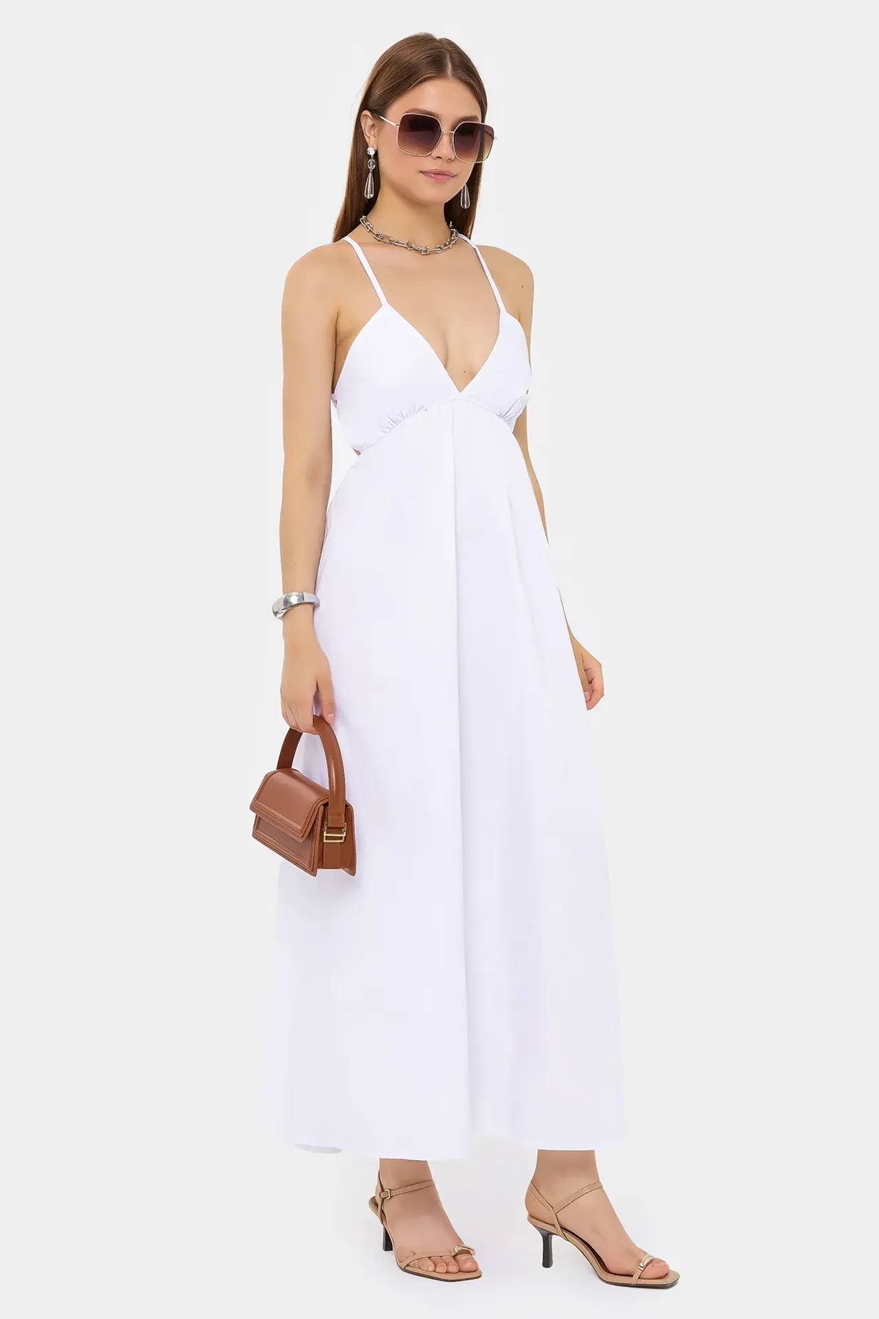 Cotton Maxi Dress with Spaghetti Straps and Tie-Back