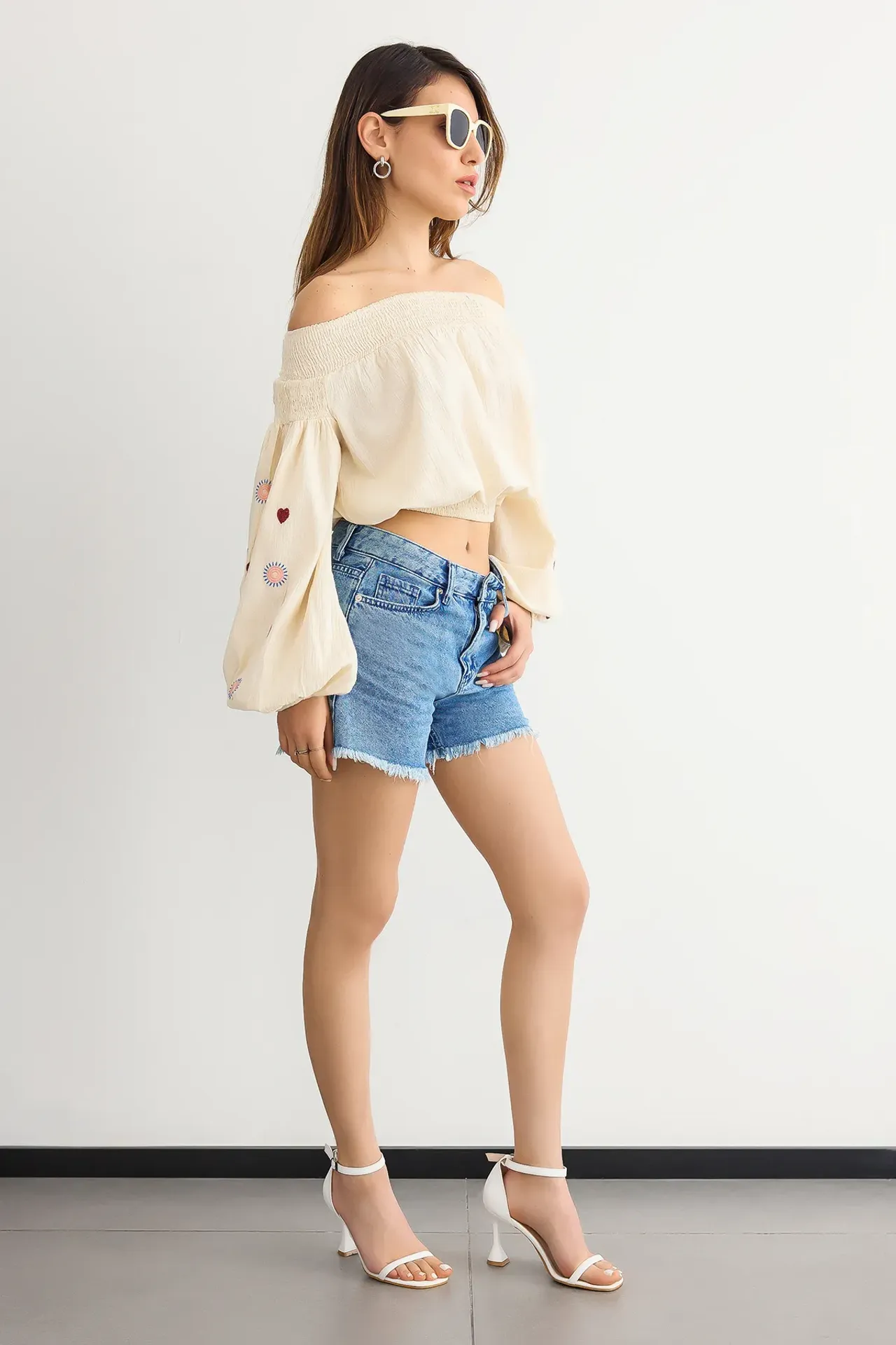 Off-Shoulder Woven Long Sleeve Top