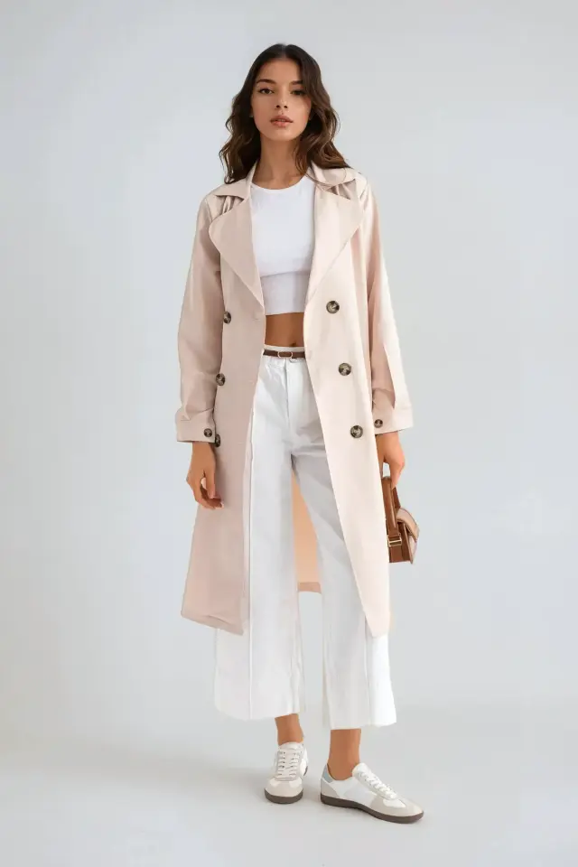 Double-Breasted Belted Long Trench Coat