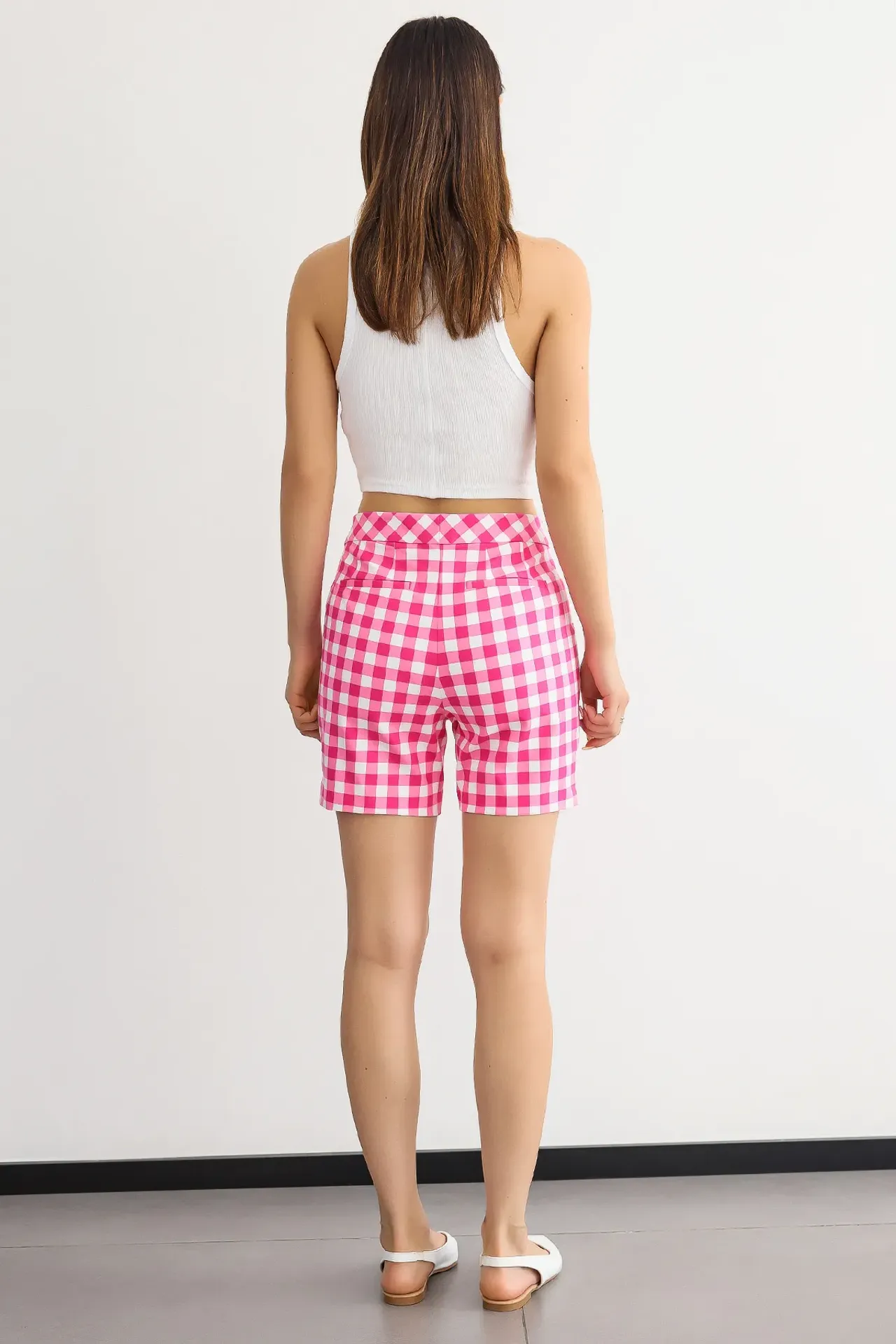 Checked High-Waist Elastic Waist Shorts