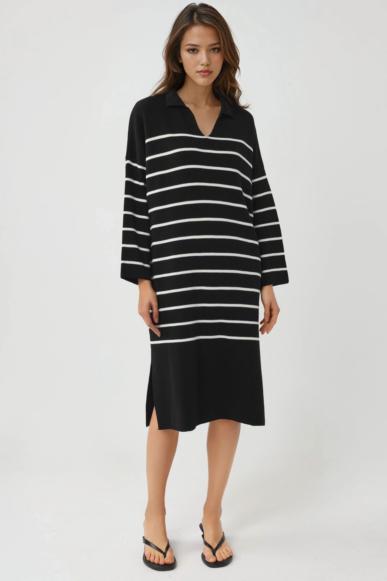 MY FASHION Striped V-Neck Loose Fit Midi Knit Dress with Slit 6