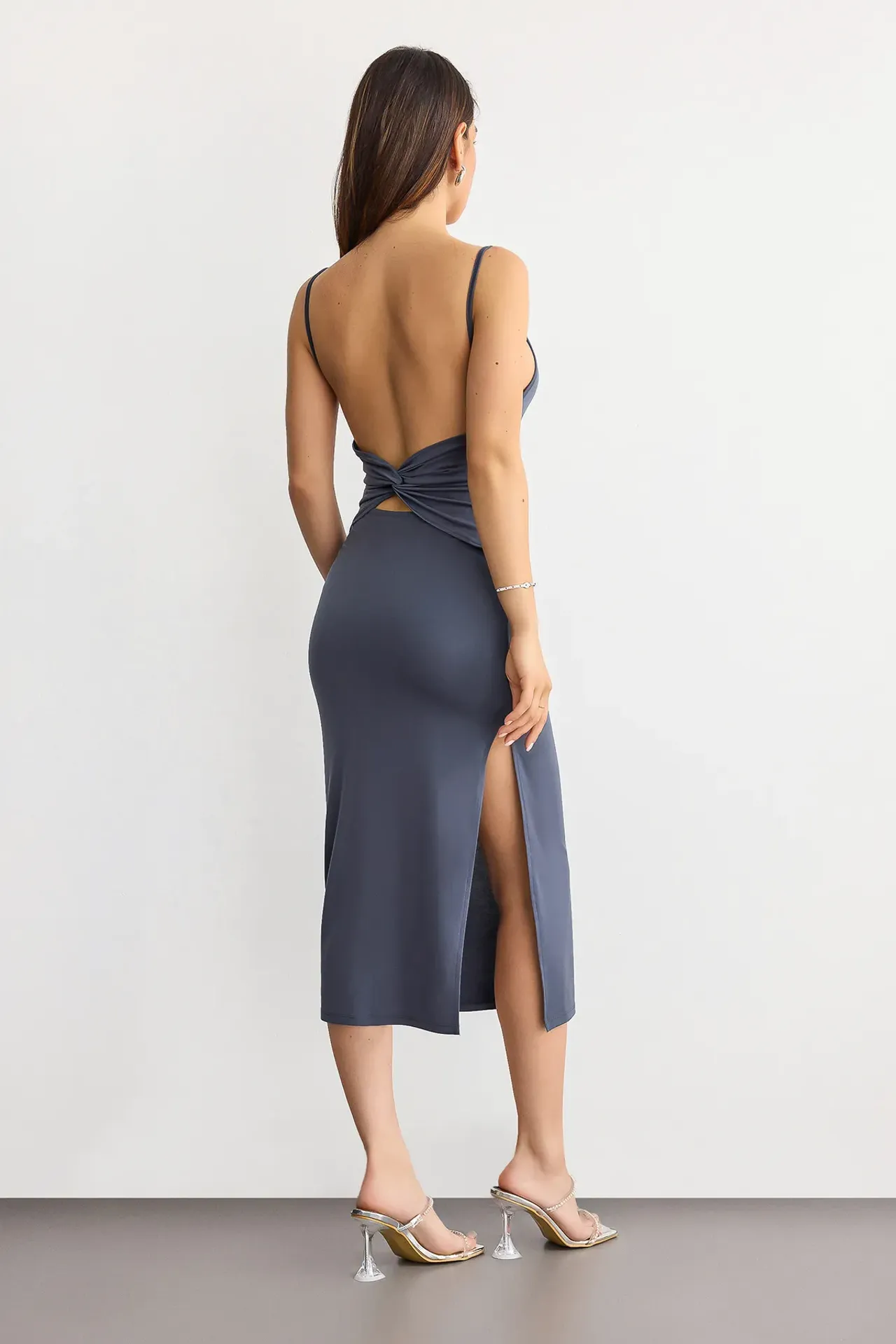 Sleeveless Square-Neck Bodycon Midi Dress with Side-Slit and Back Detail