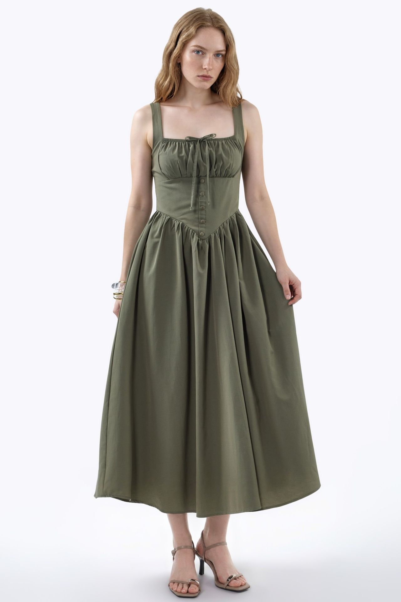 BUSEM Midi Dress with Square Collar and Button Detail 1